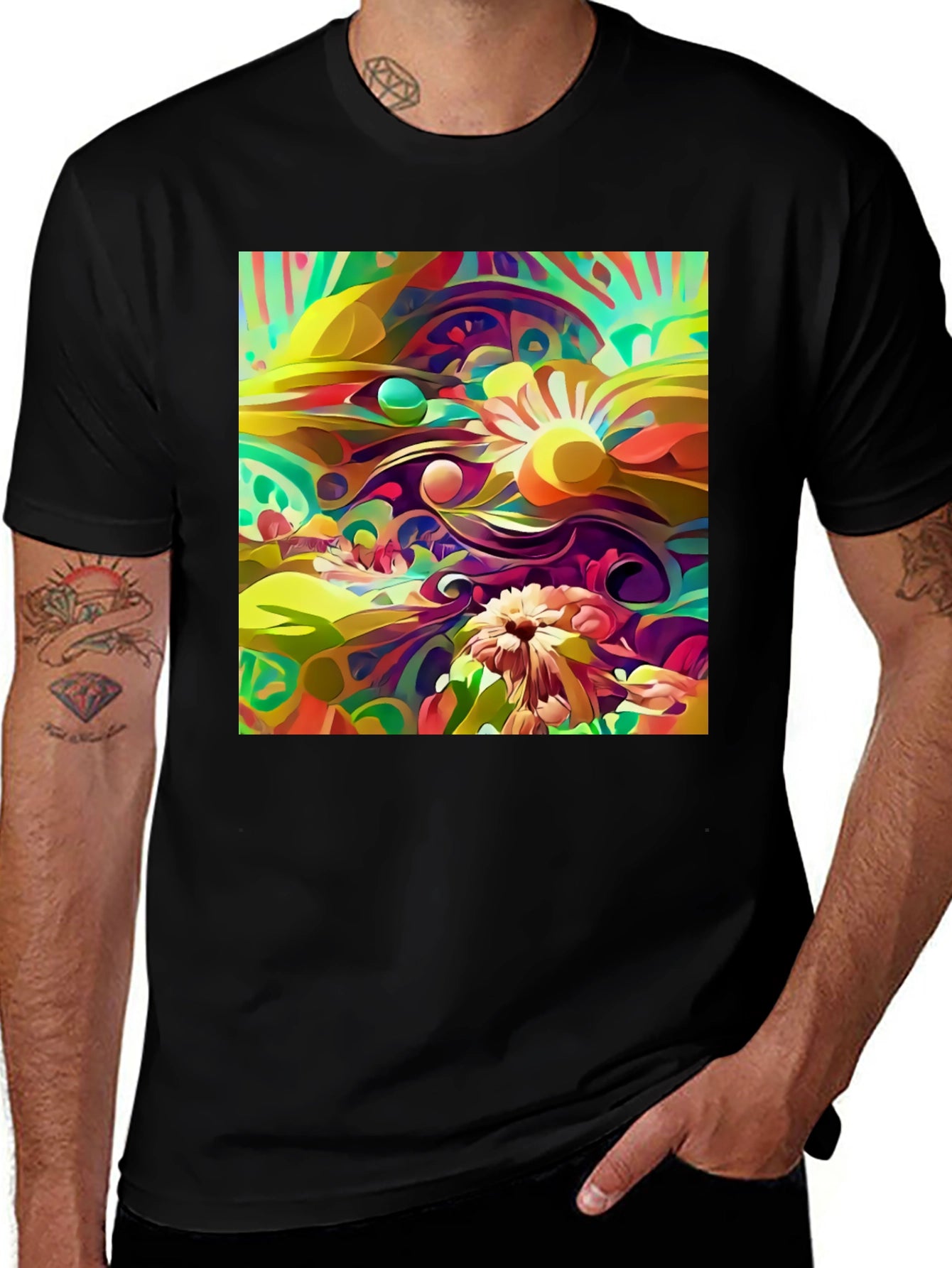 Abstract Floral Print Black T-Shirt