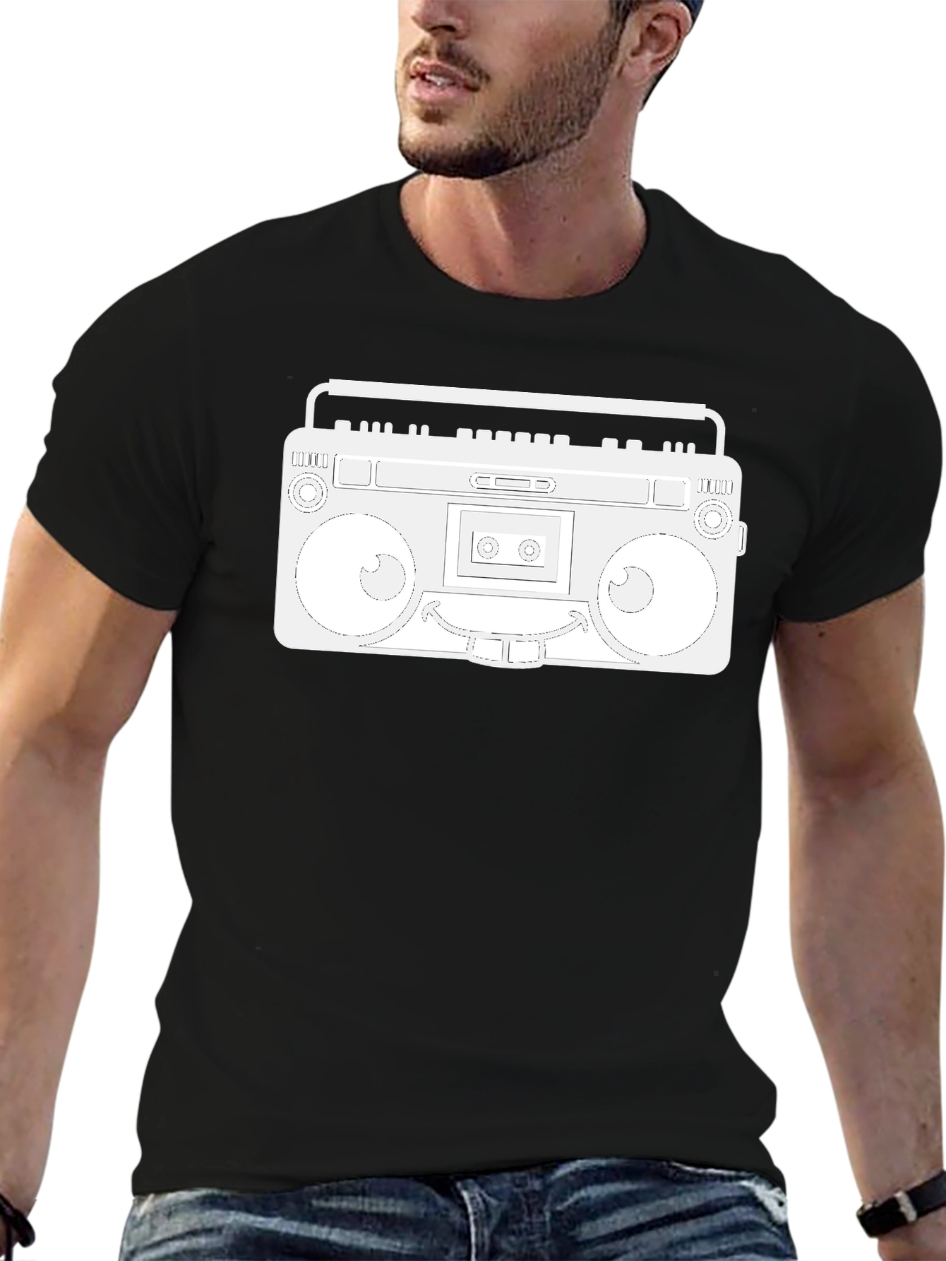 Retro Boombox Graphic Tee - Black Cotton Casual Wear