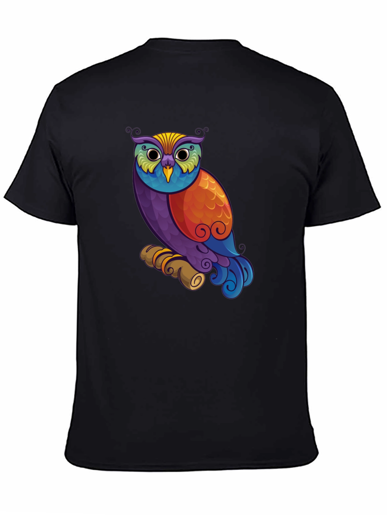 Colorful Owl Graphic Print Black T-Shirt