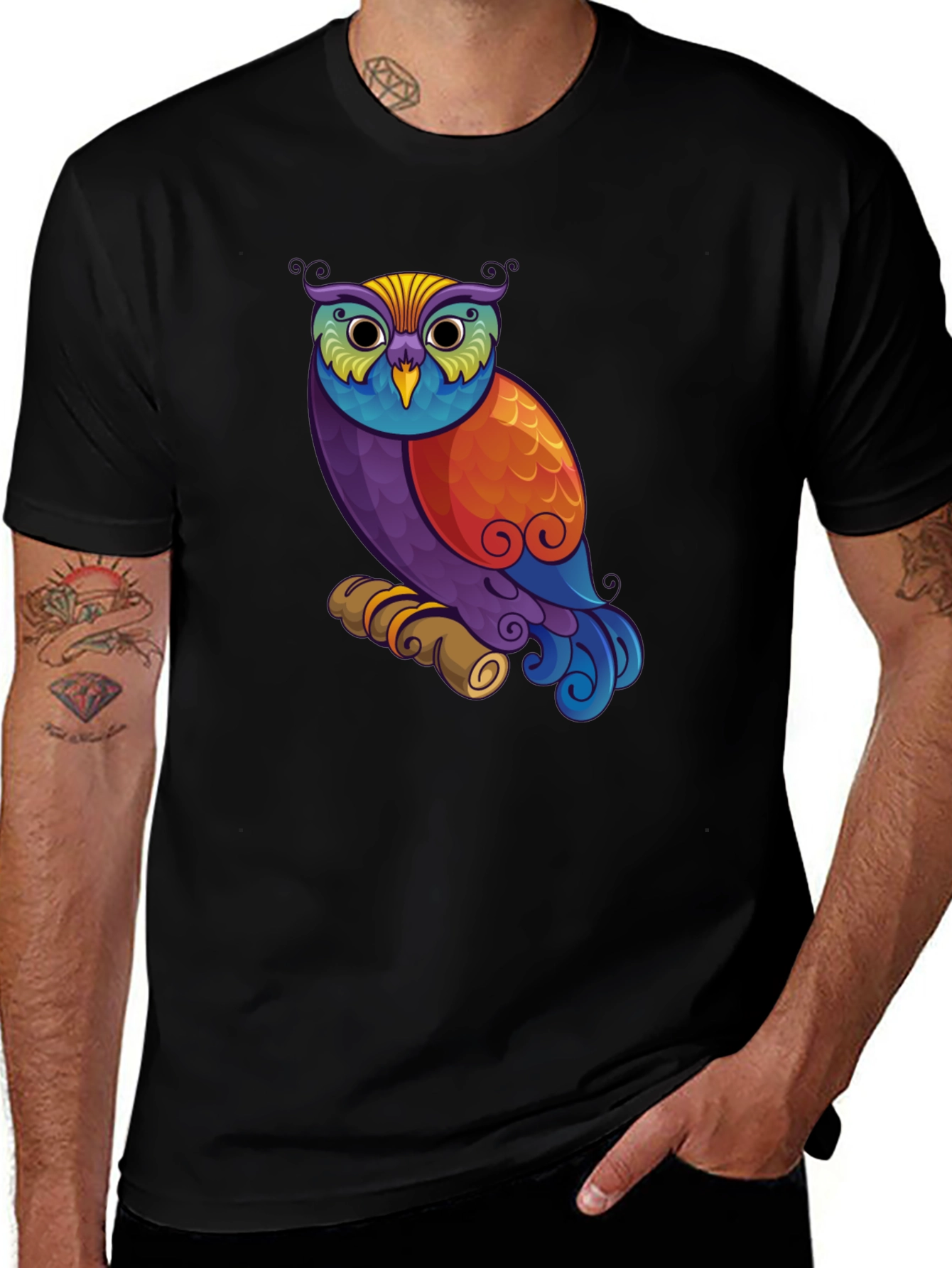 Colorful Owl Graphic Print Black T-Shirt