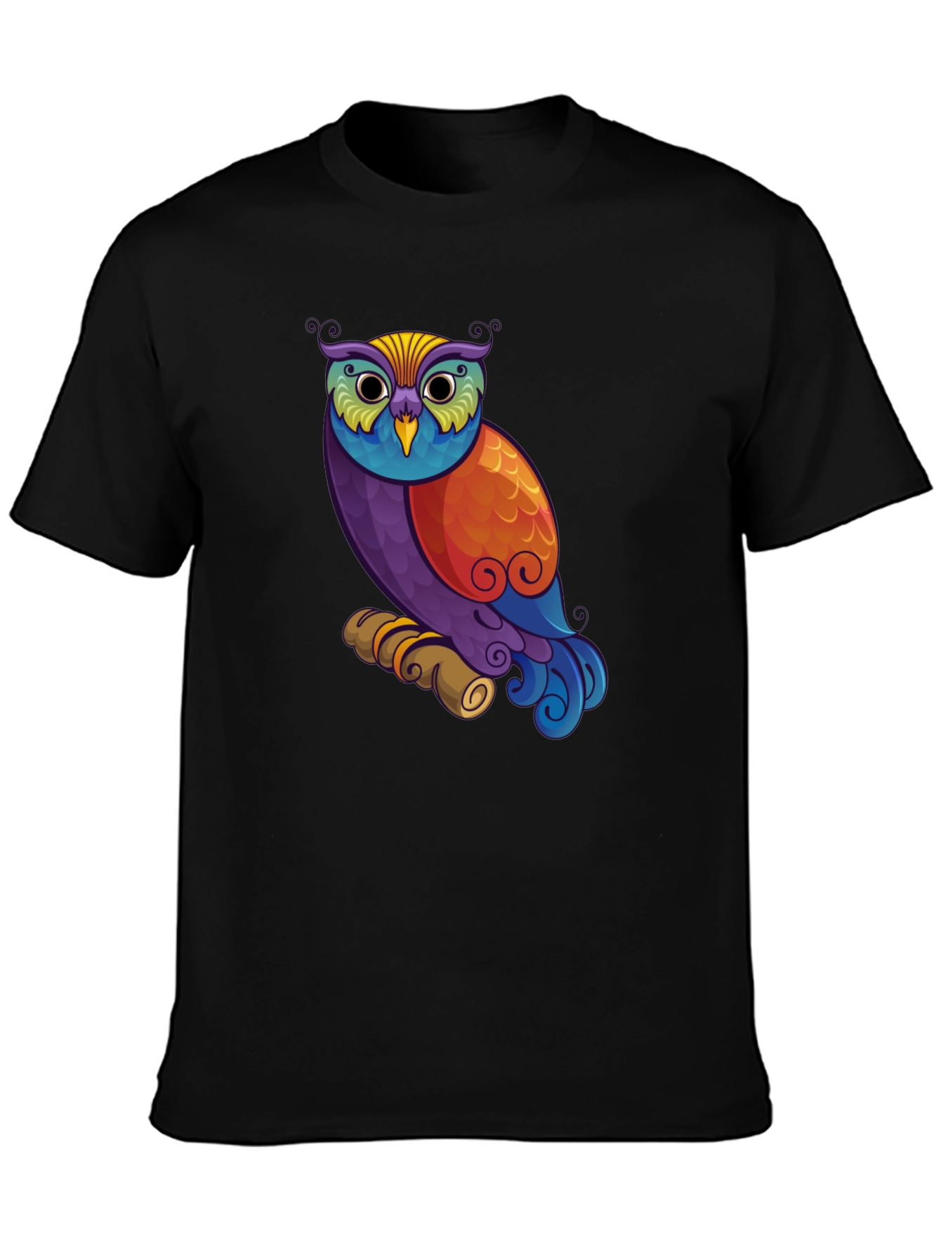 Colorful Owl Graphic Print Black T-Shirt