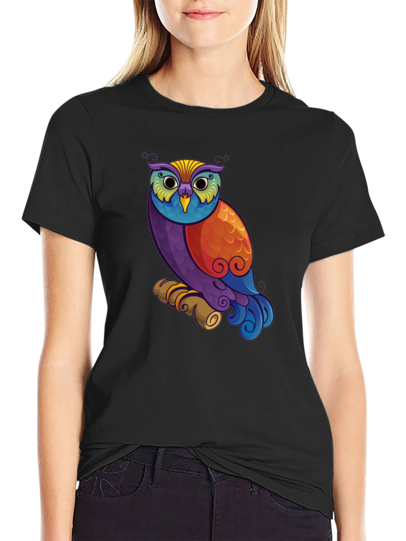 Colorful Owl Graphic Print Black T-Shirt