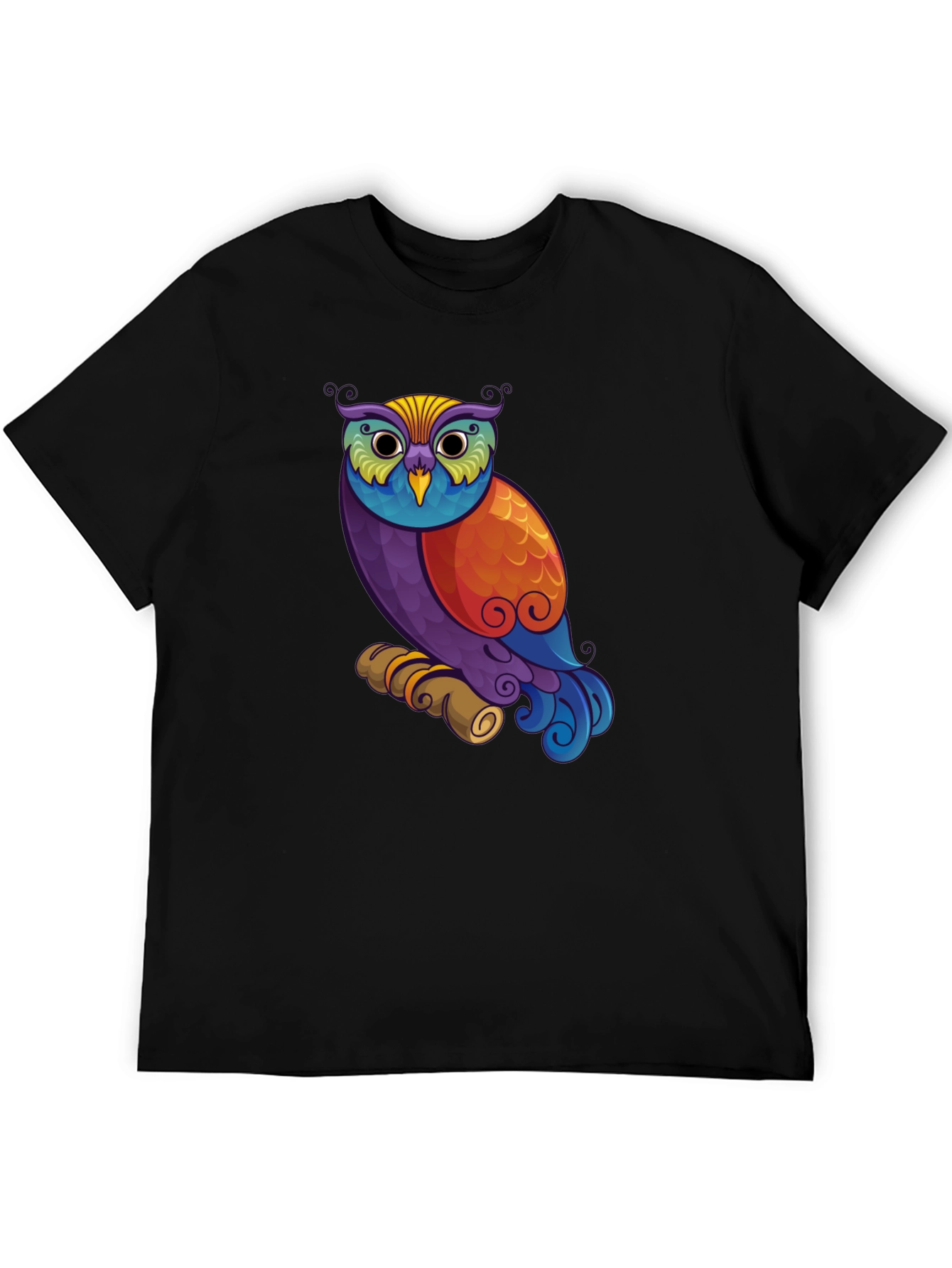 Colorful Owl Graphic Print Black T-Shirt