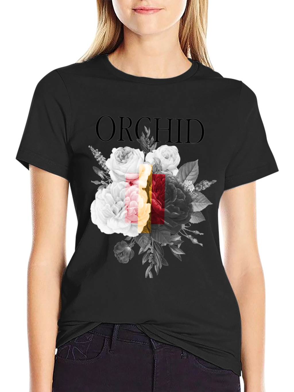 Orchid Floral Graphic Print Black T-Shirt