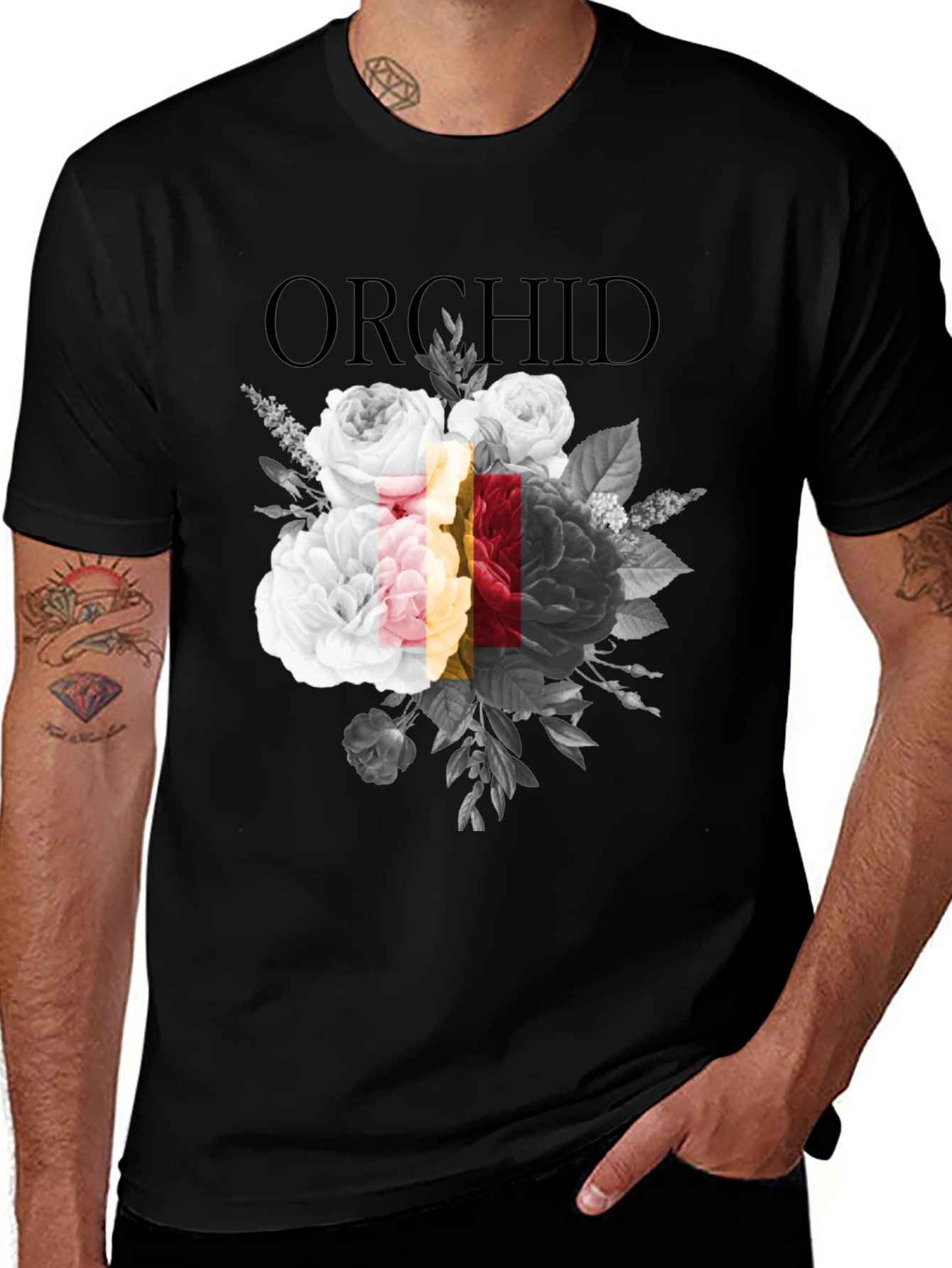 Orchid Floral Graphic Print Black T-Shirt