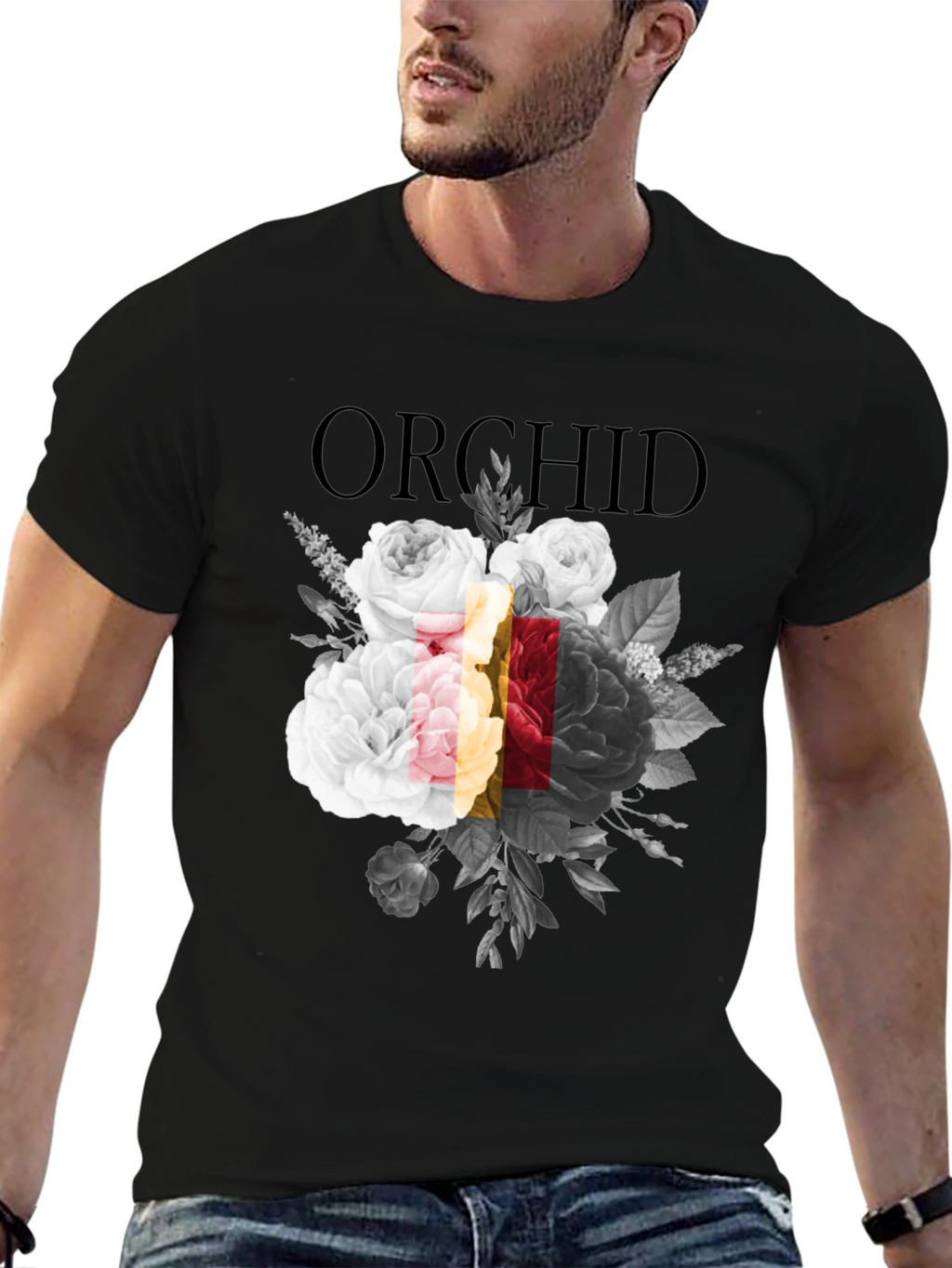Orchid Floral Graphic Print Black T-Shirt
