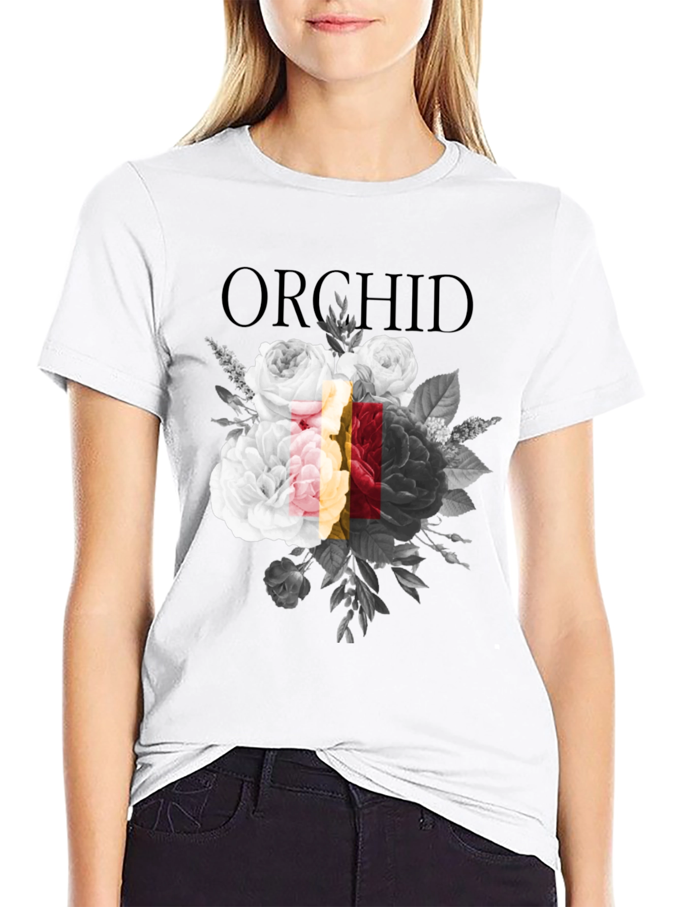 Orchid Floral Graphic Print Black T-Shirt