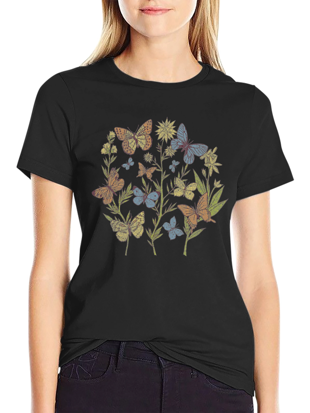 Butterfly Garden Graphic Tee - Black Cotton Blend