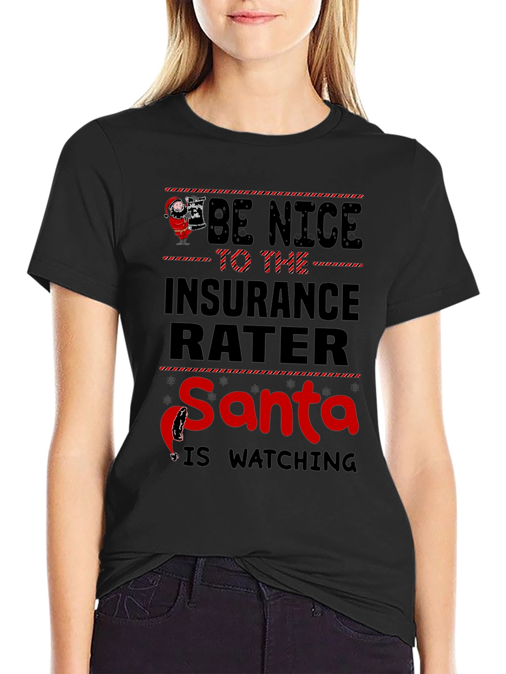 Funny Insurance Rater Santa Watching Graphic T-Shirt