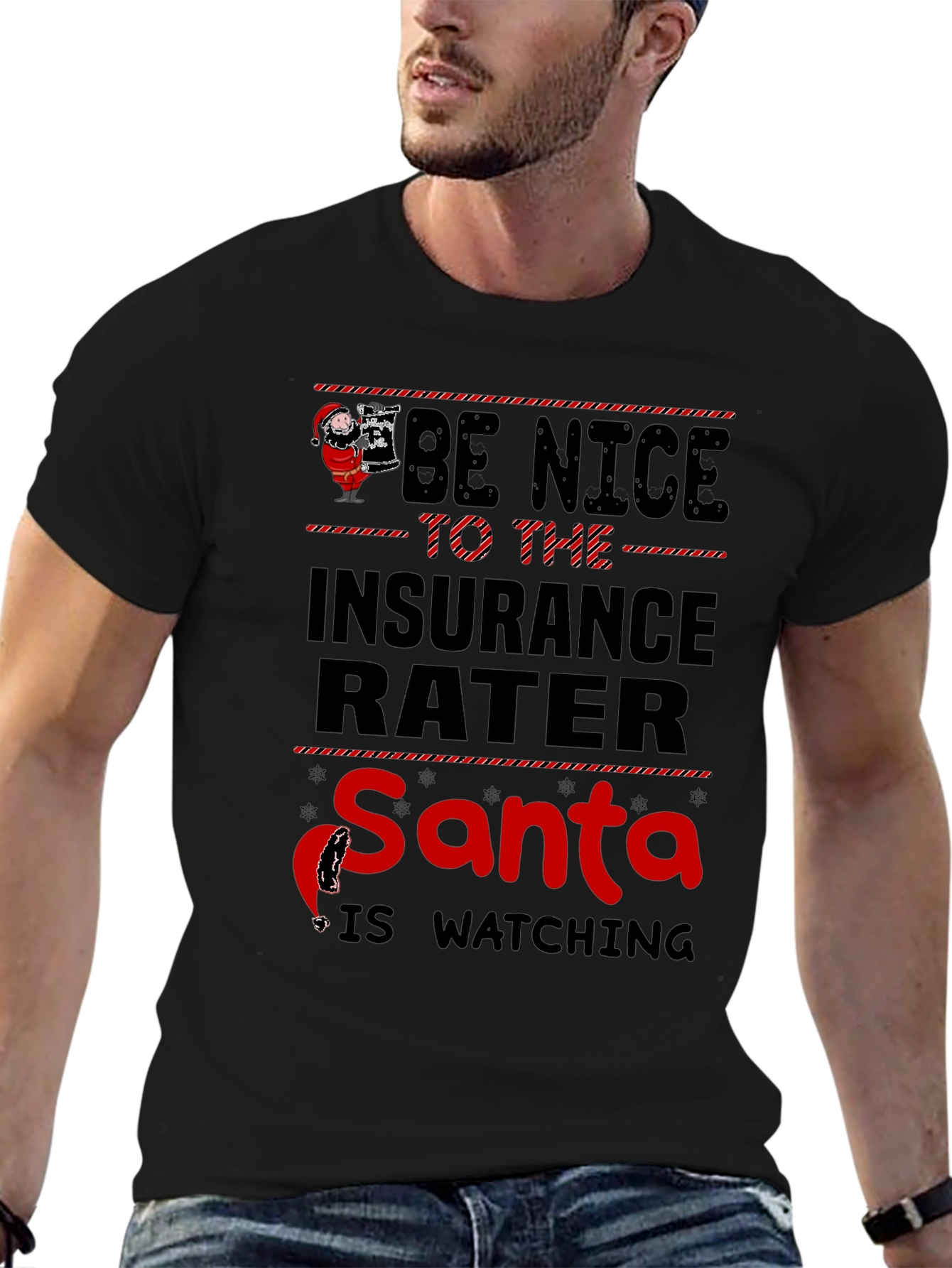 Funny Insurance Rater Santa Watching Graphic T-Shirt