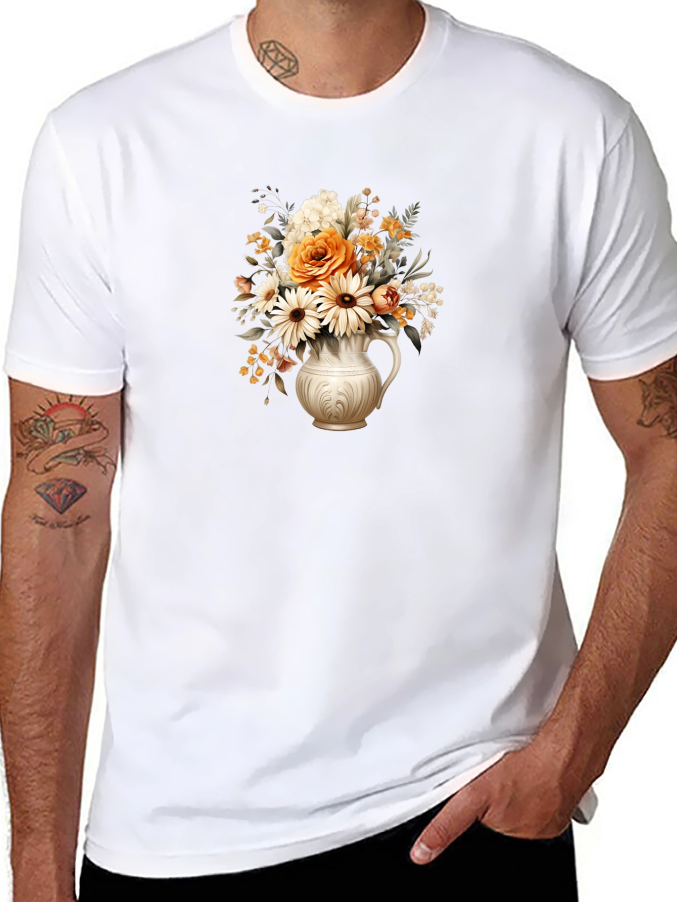 Floral Vase Graphic Tee - Stylish Black T-Shirt