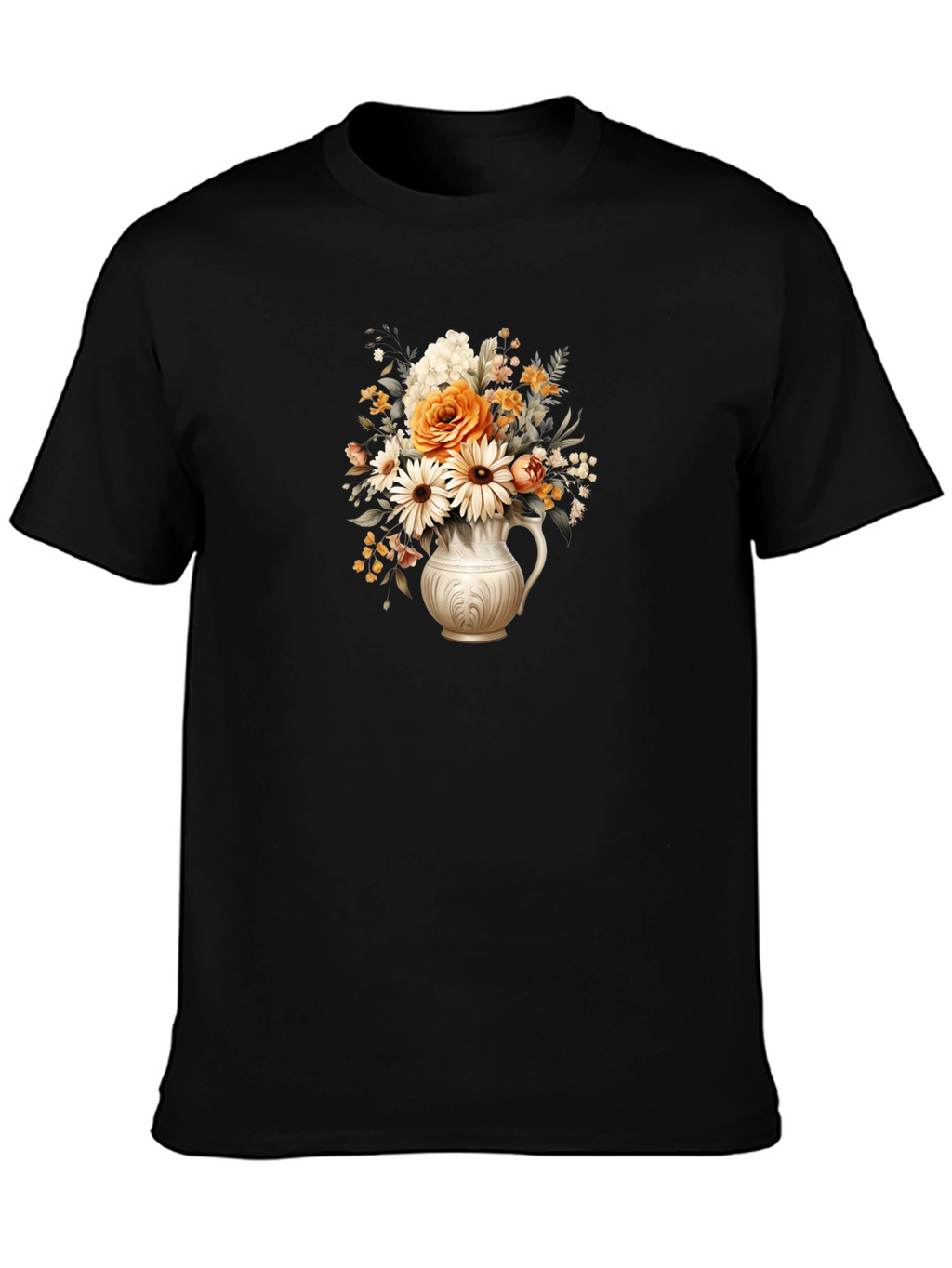Floral Vase Graphic Tee - Stylish Black T-Shirt