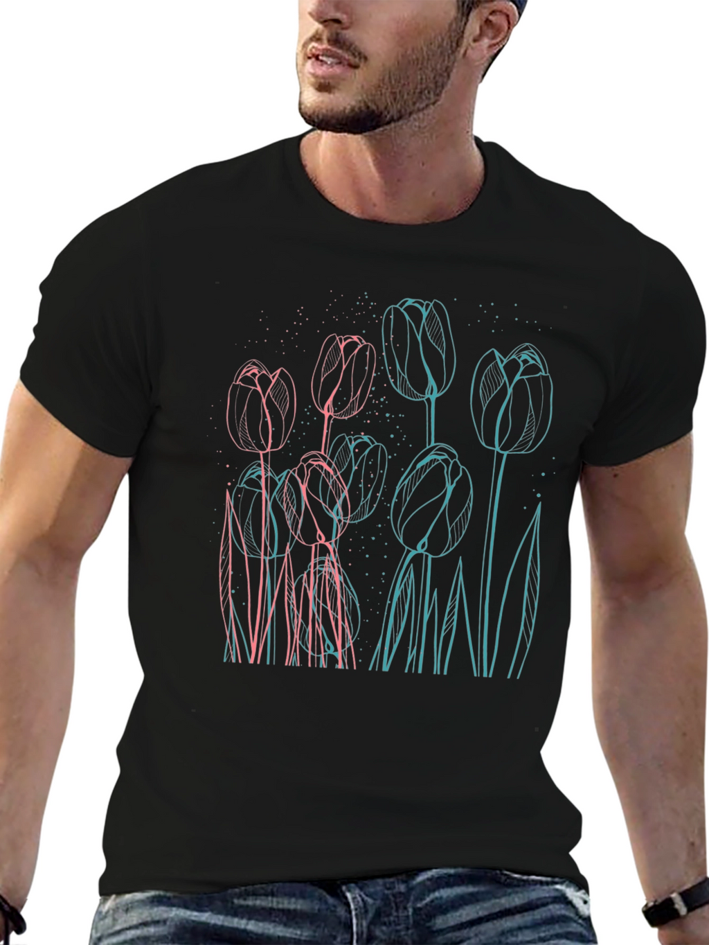Floral Outline Graphic Tee - Modern Style