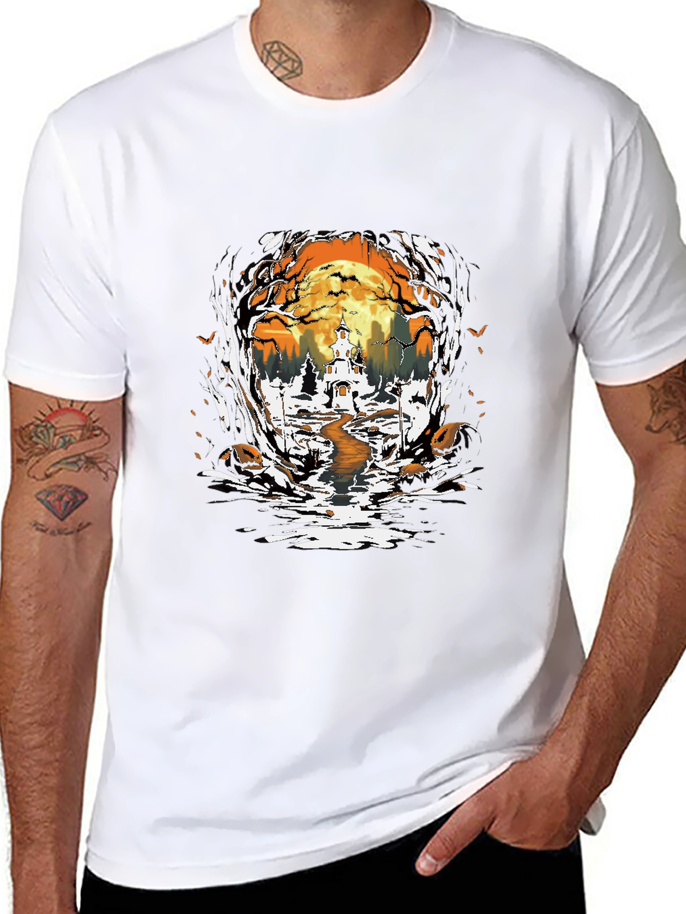 Halloween Graphic Tee: Spooky Haunted House Design