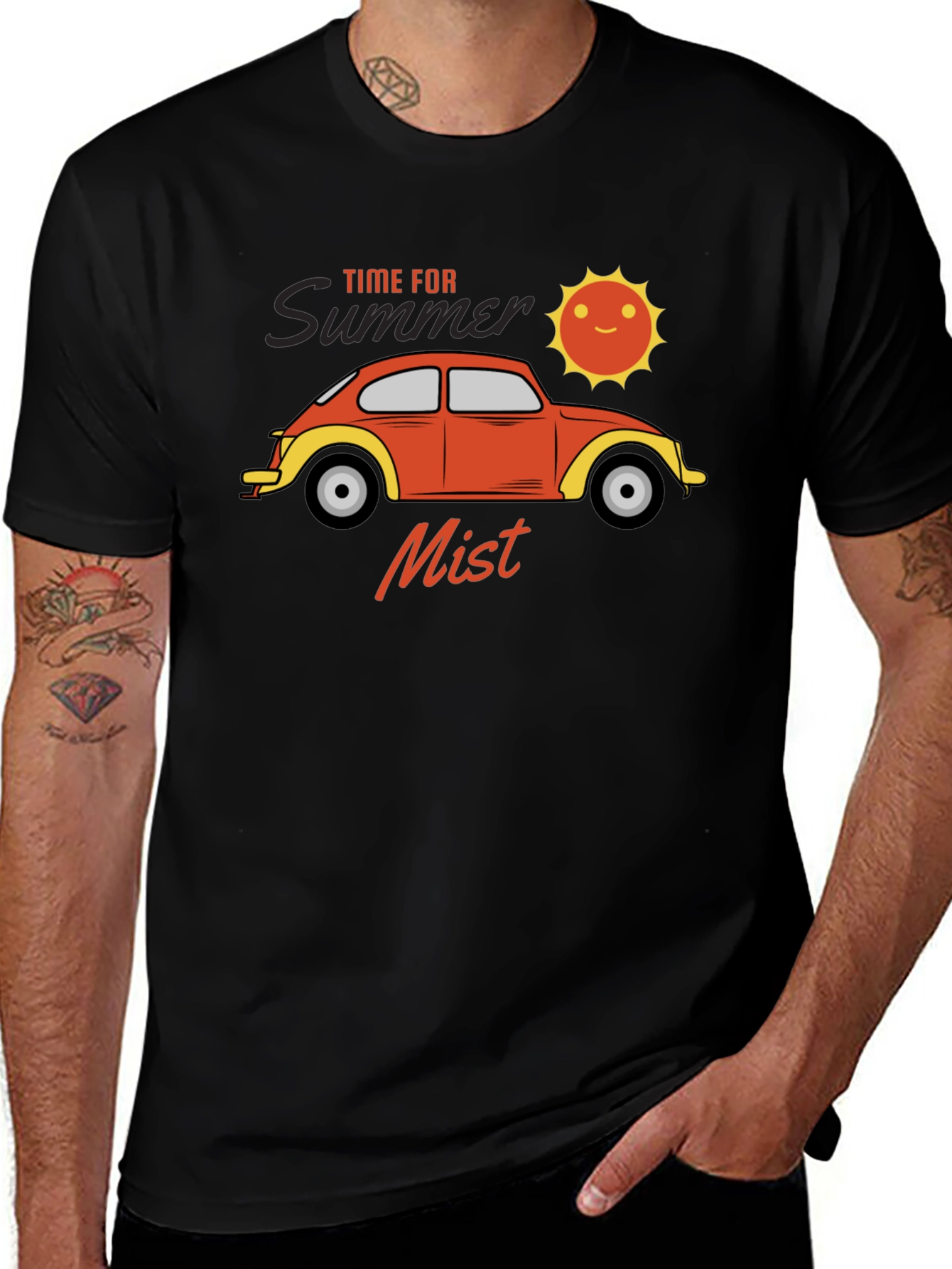 Summer Mist T-Shirt: Retro Car & Sun Design