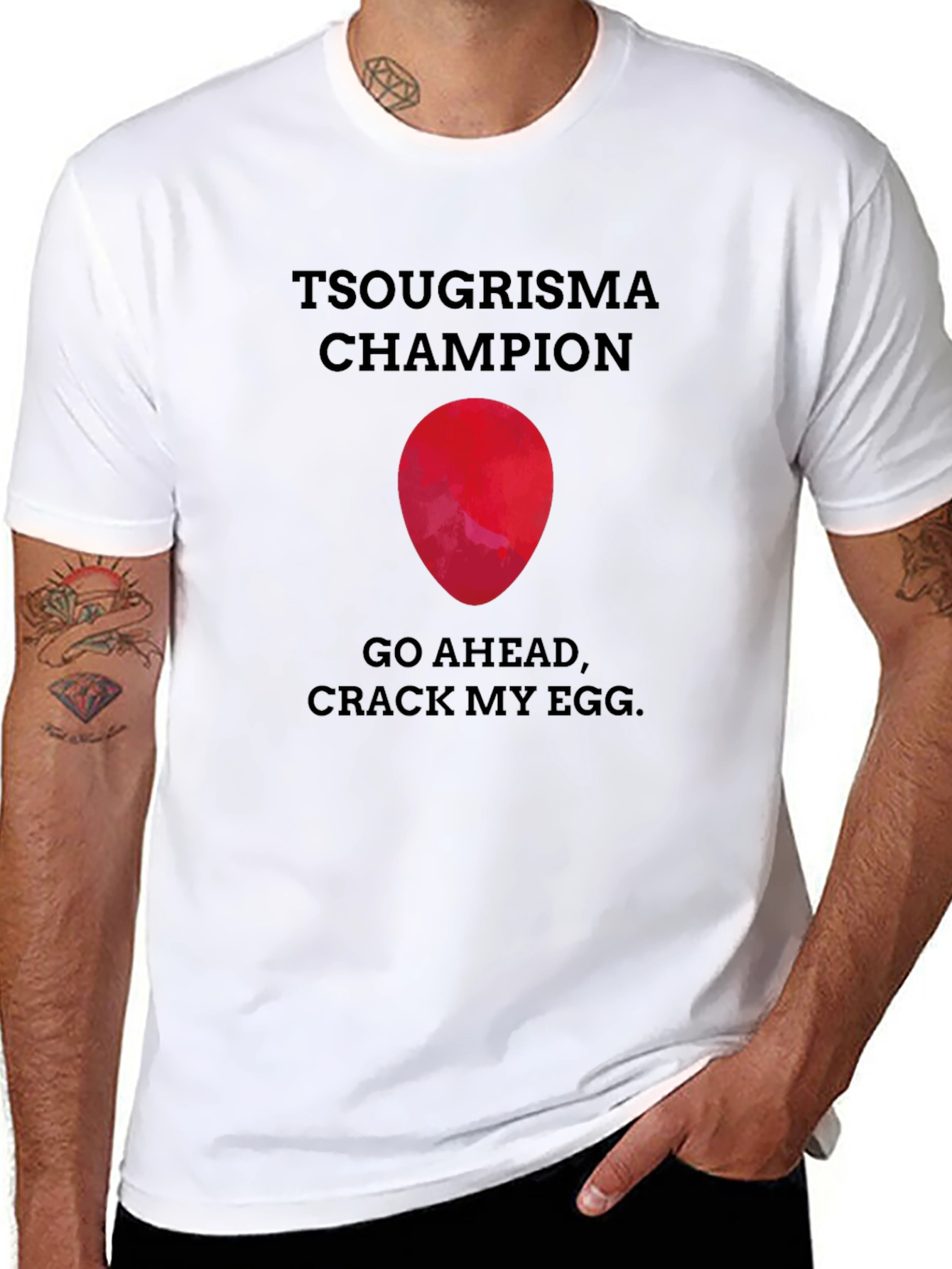 Tsougrisma Champion T-Shirt: Crack My Egg