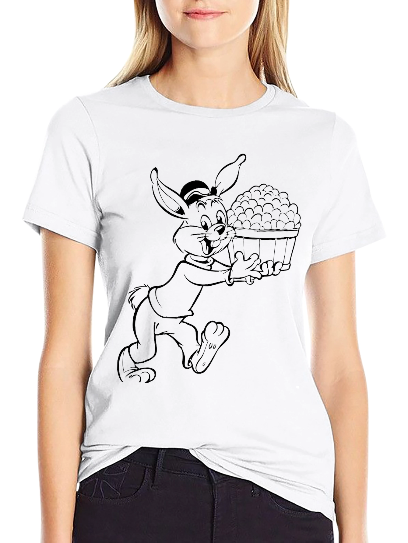 Cartoon Rabbit Graphic Tee - Black