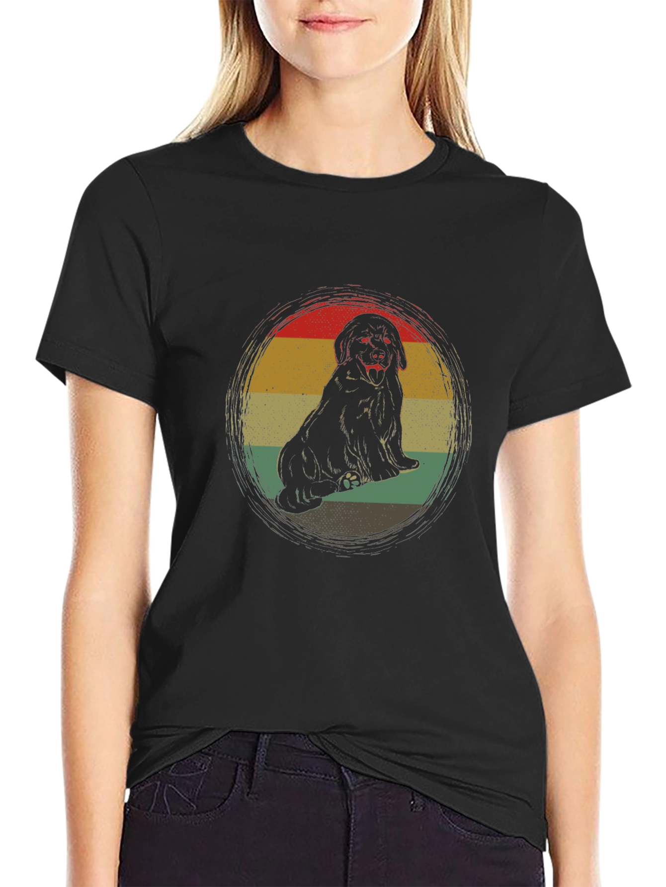 Retro Dog Graphic Tee - Black Crew Neck T-Shirt