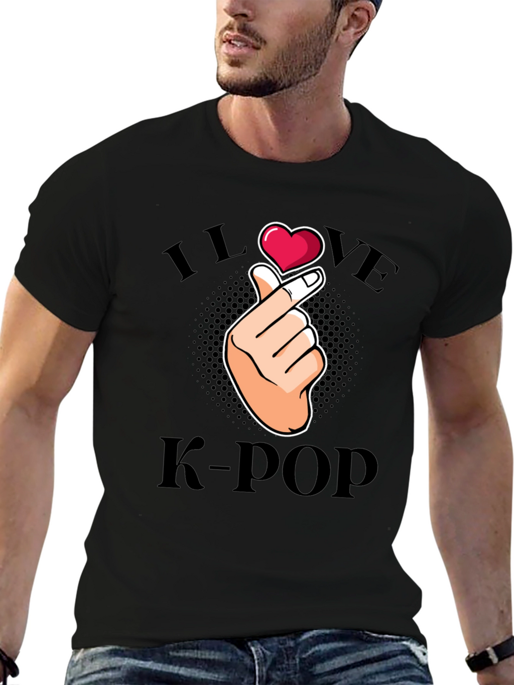 I Love K-Pop Finger Heart Graphic Tee - Black