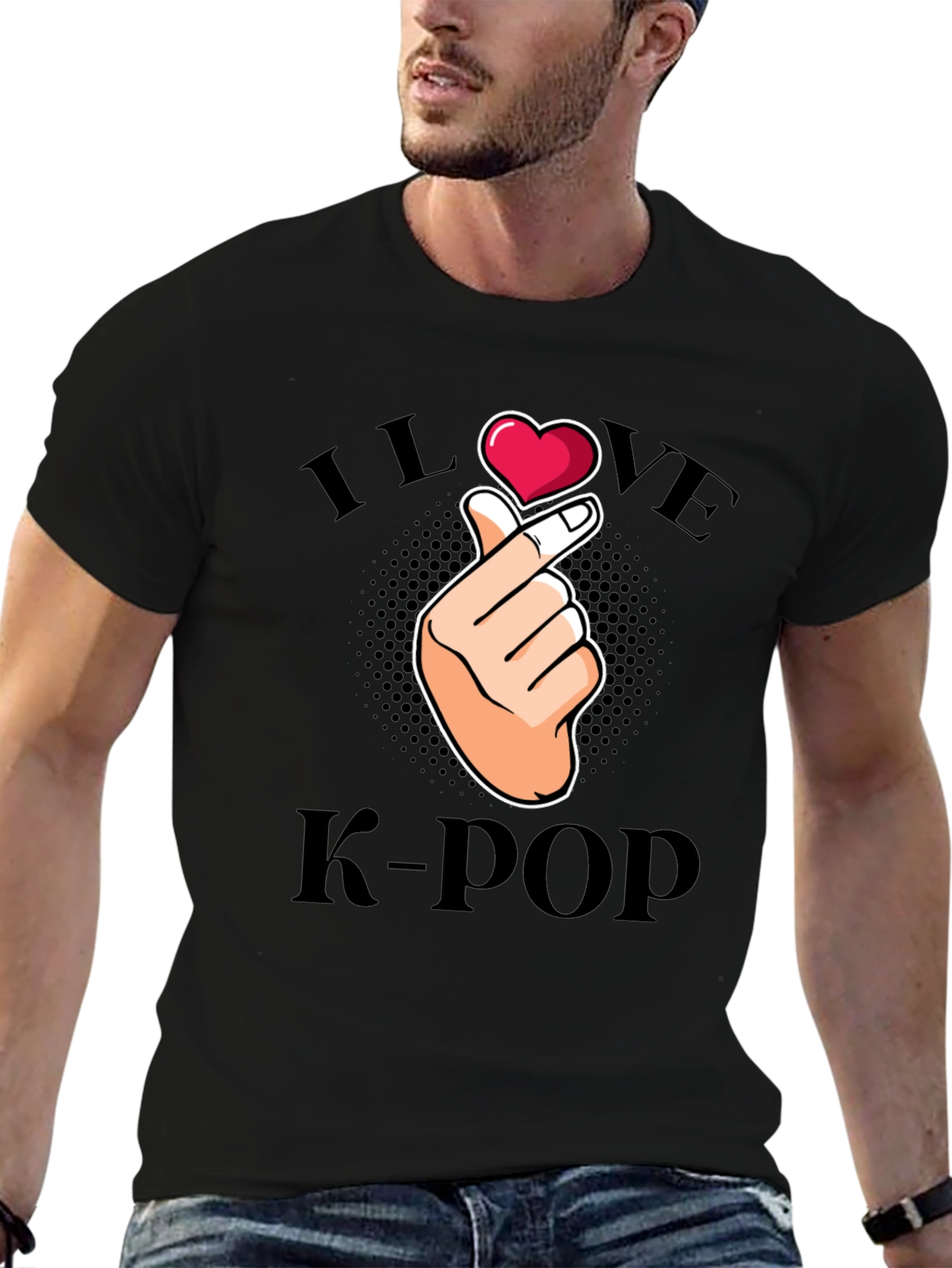 I Love K-Pop Finger Heart Graphic Tee - Black