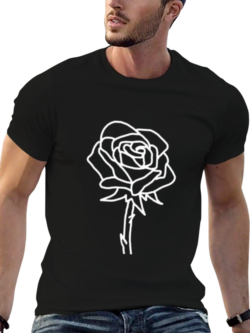 Black T-Shirt with White Rose Outline Graphic