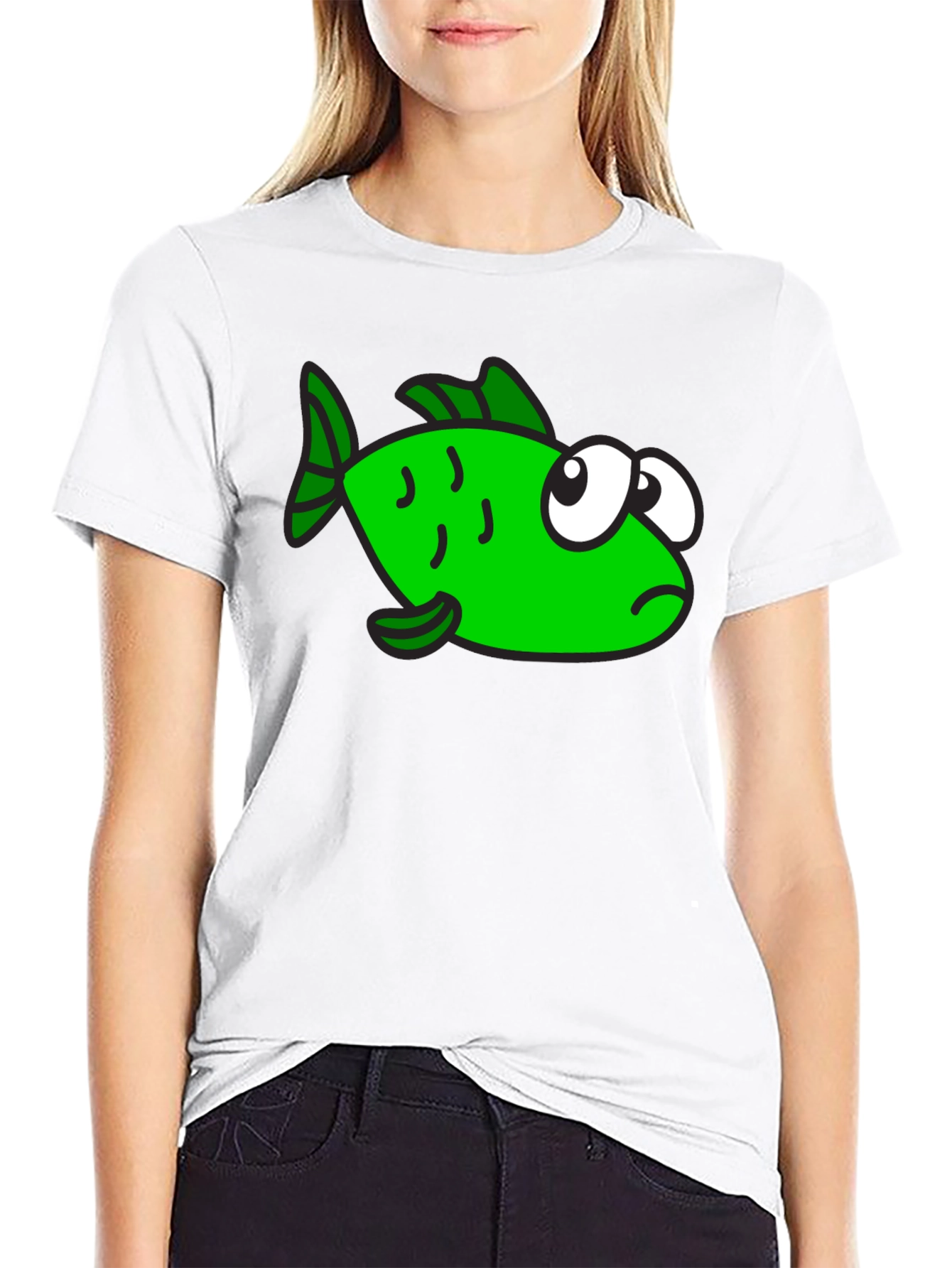 Funny Green Fish Graphic Print Black T-Shirt