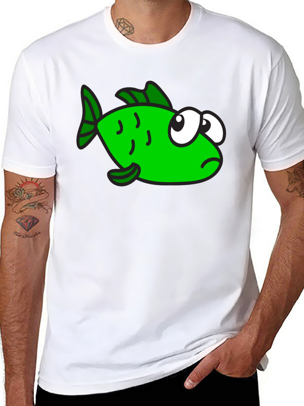 Funny Green Fish Graphic Print Black T-Shirt