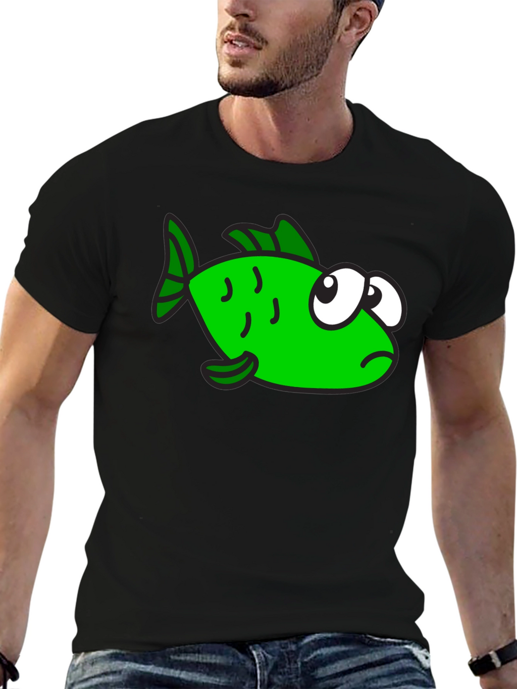 Funny Green Fish Graphic Print Black T-Shirt