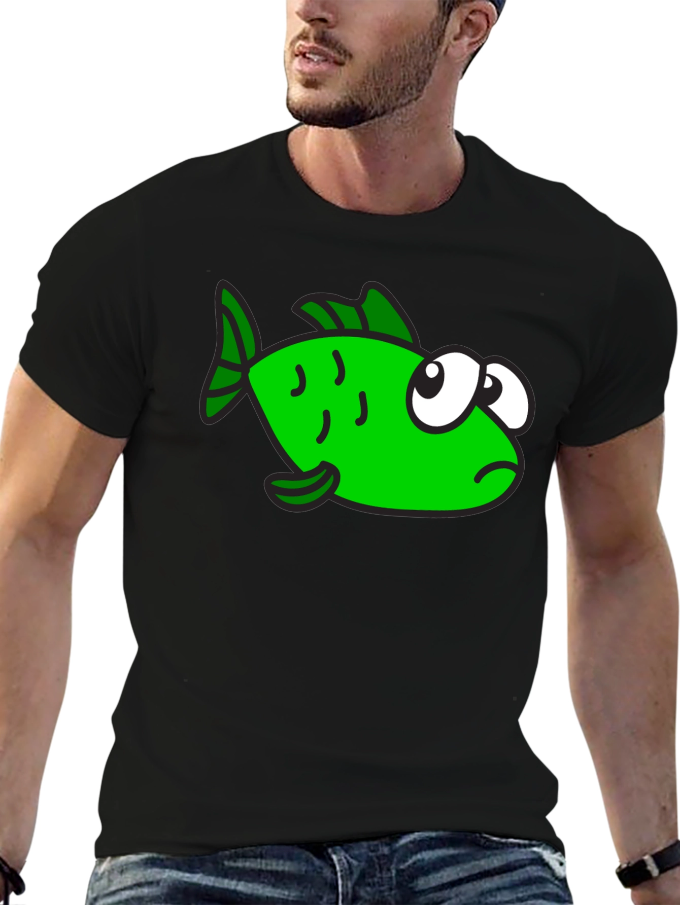 Funny Green Fish Graphic Print Black T-Shirt