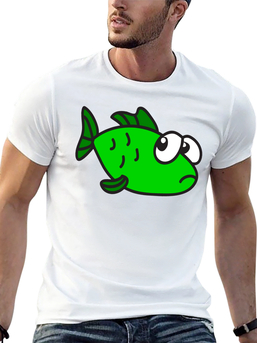 Funny Green Fish Graphic Print Black T-Shirt