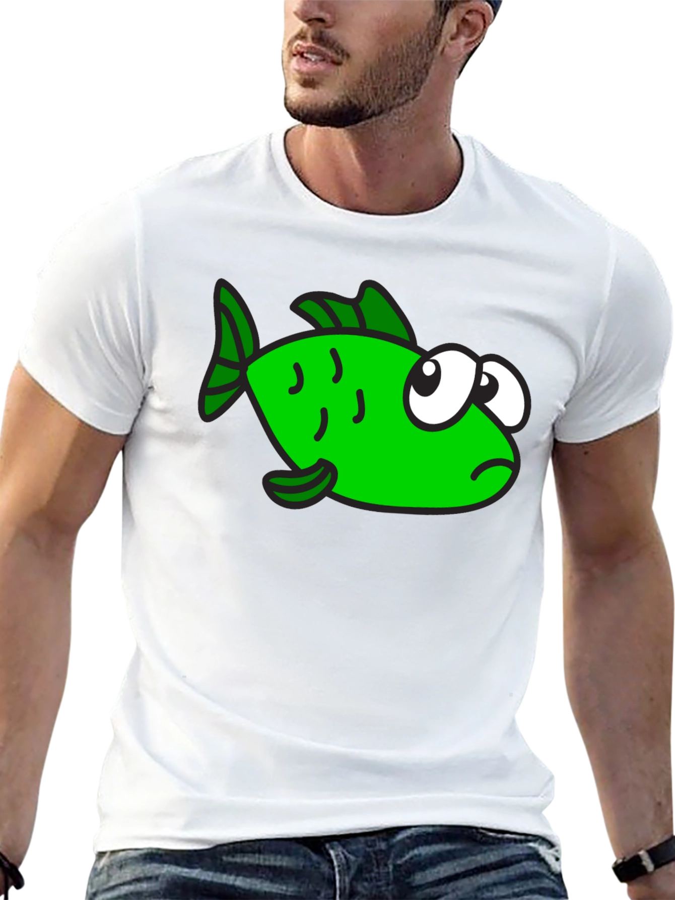 Funny Green Fish Graphic Print Black T-Shirt