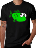Funny Green Fish Graphic Print Black T-Shirt