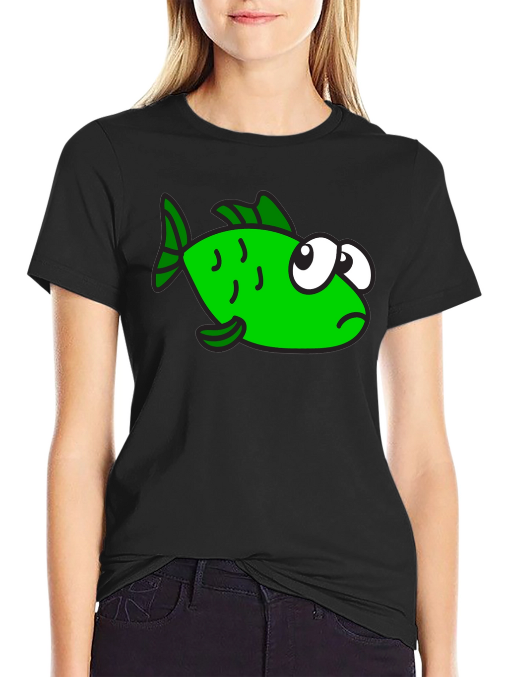 Funny Green Fish Graphic Print Black T-Shirt