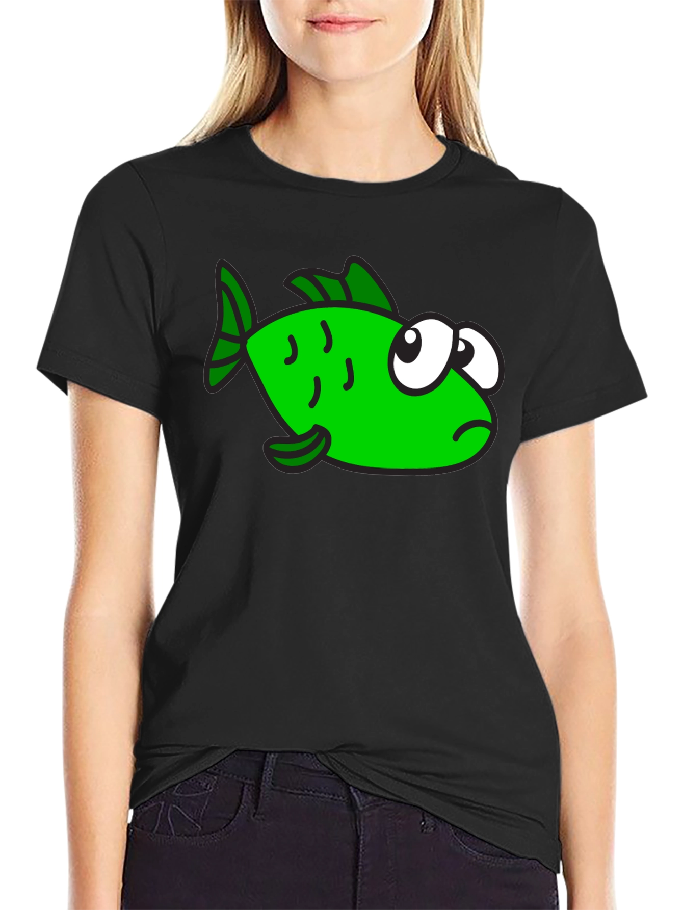 Funny Green Fish Graphic Print Black T-Shirt