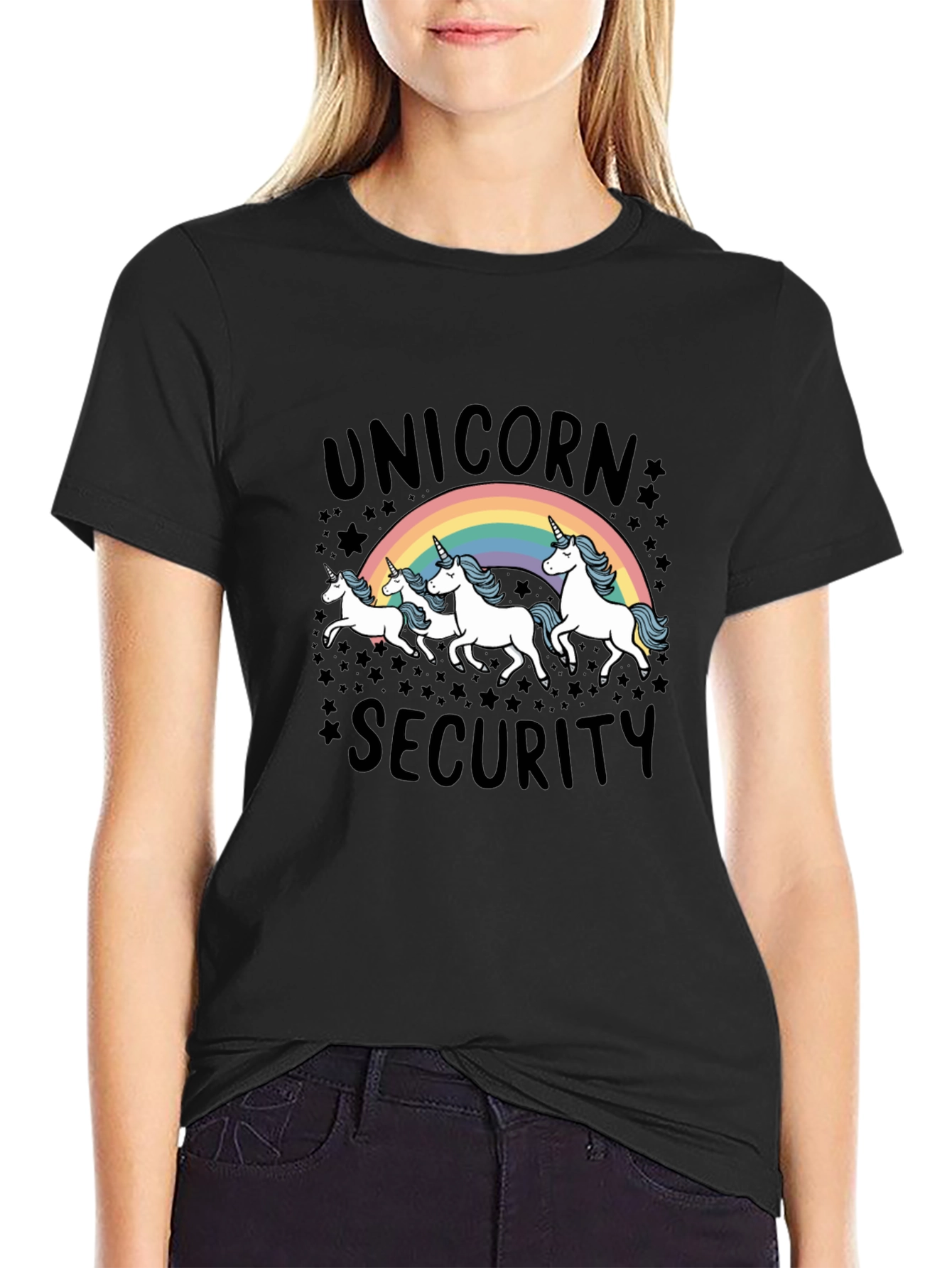 Unicorn Security Graphic Tee - Black Cotton T-Shirt