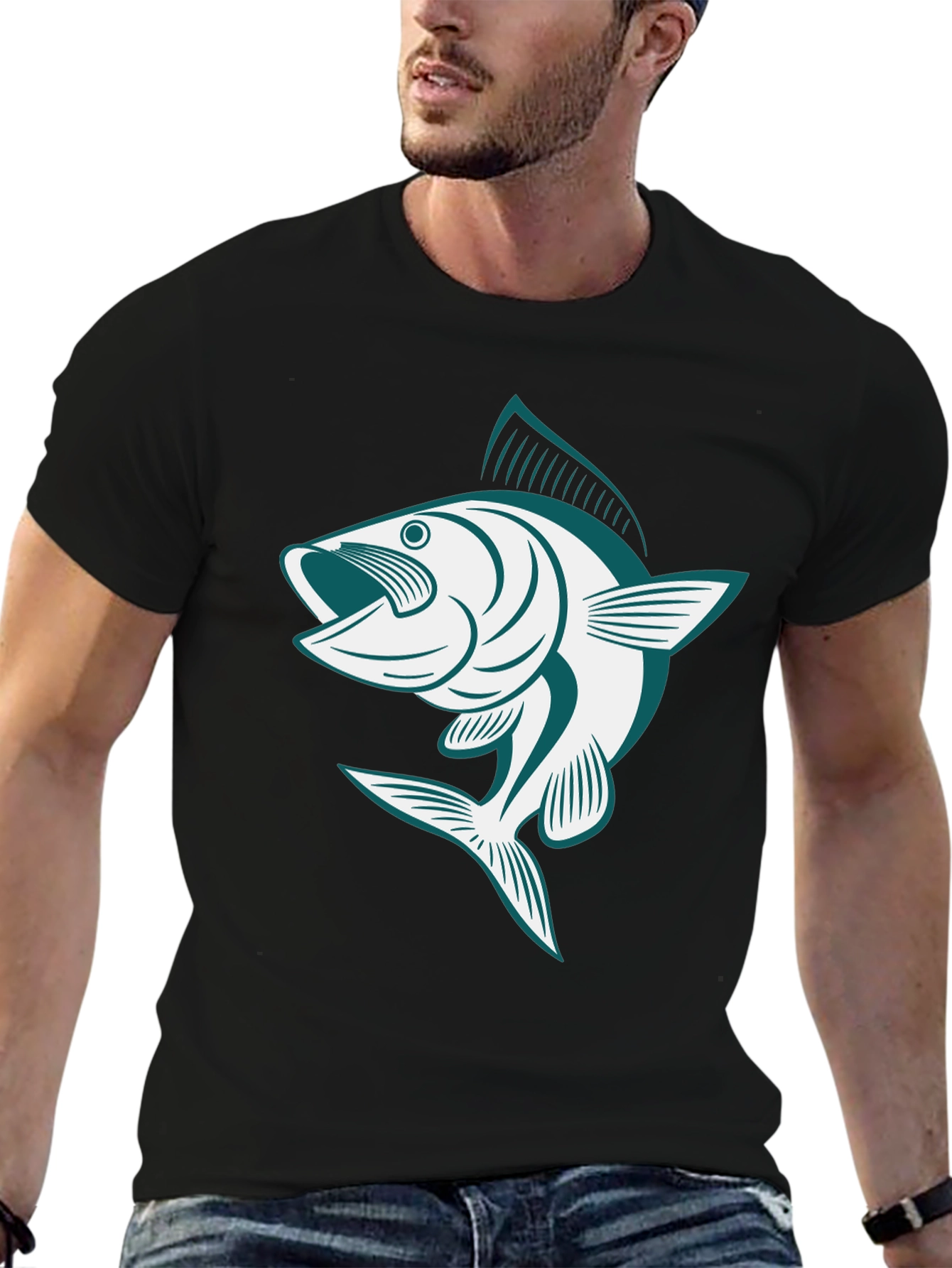 Bass Fish Graphic Tee - Black Casual Cotton Shirt