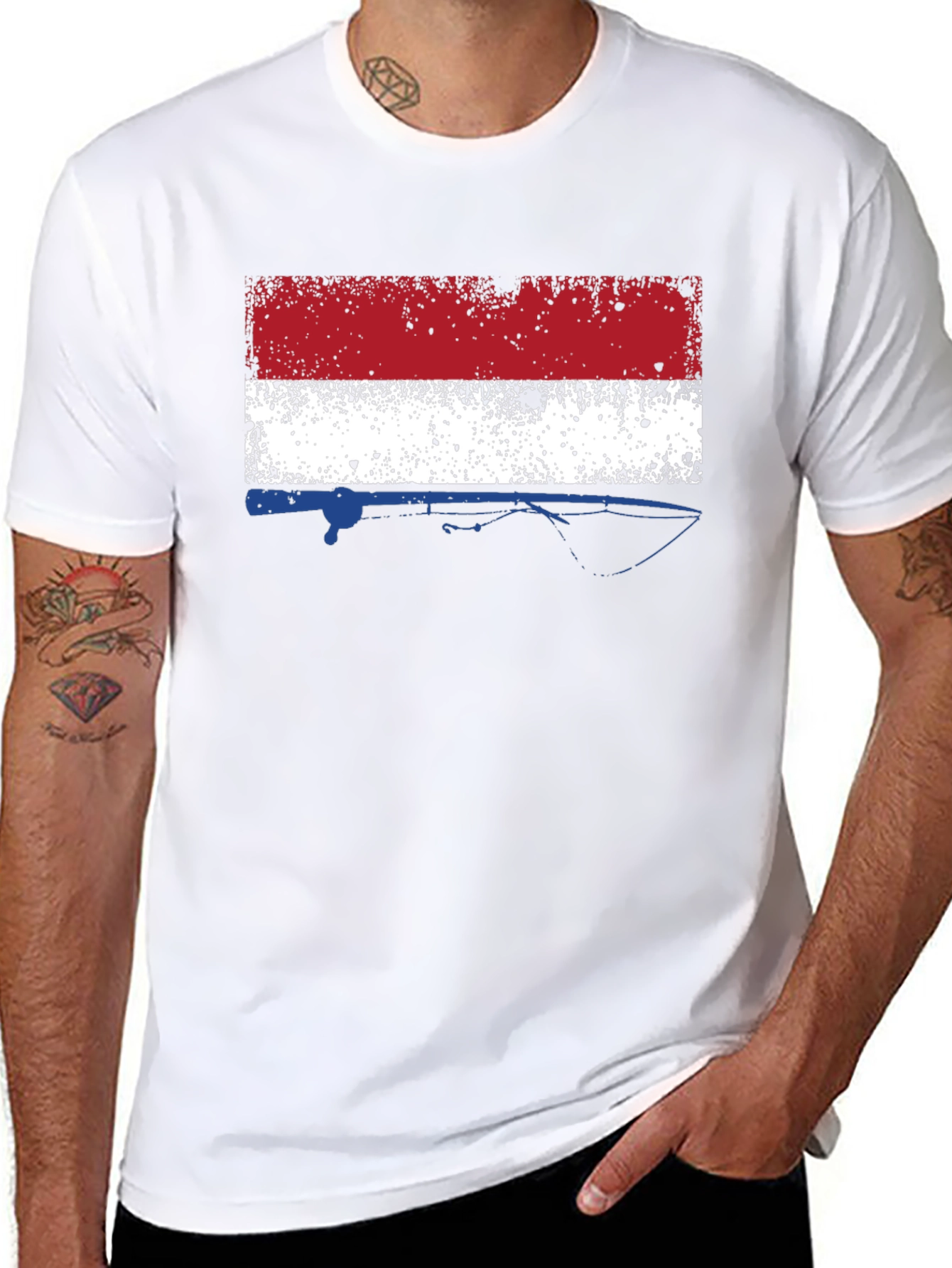 Netherlands Flag Fishing Rod Mens Black T-Shirt