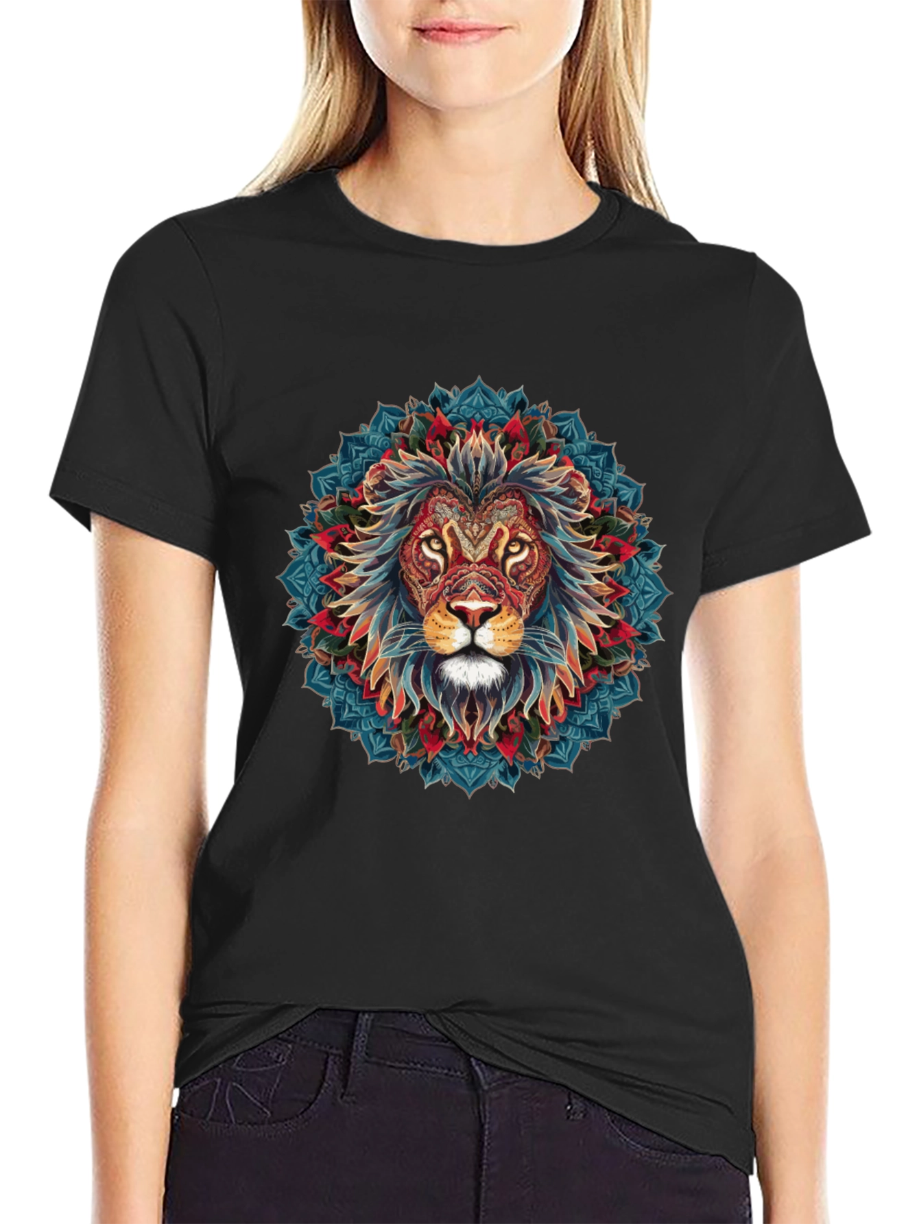 Lion Mandala Graphic Black T-Shirt