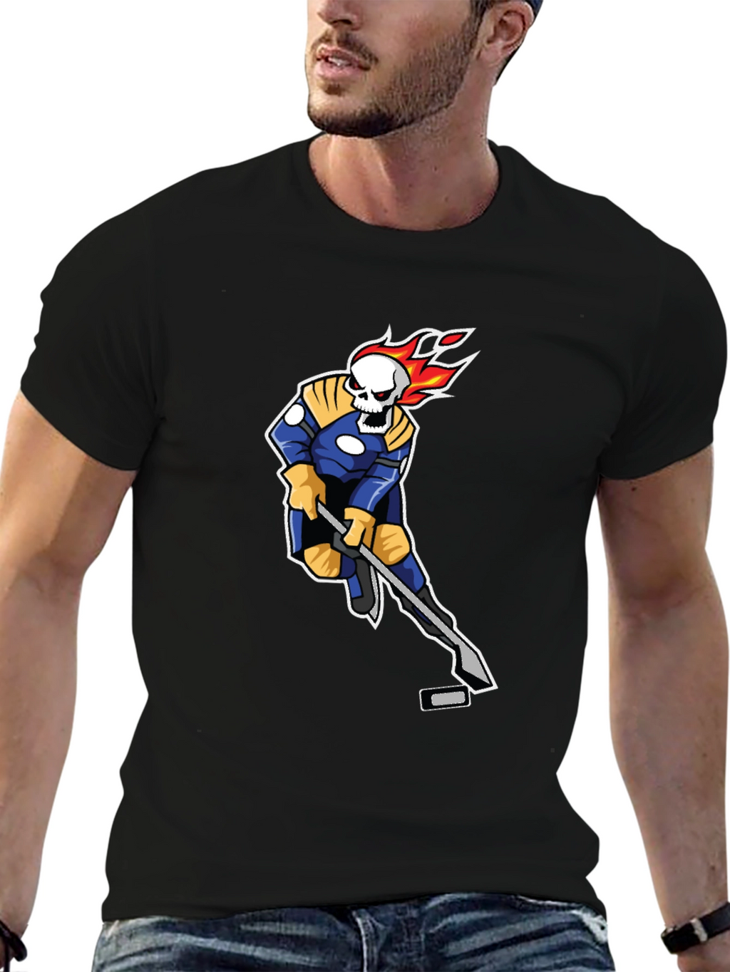 Fiery Hockey Skeleton Black T-Shirt