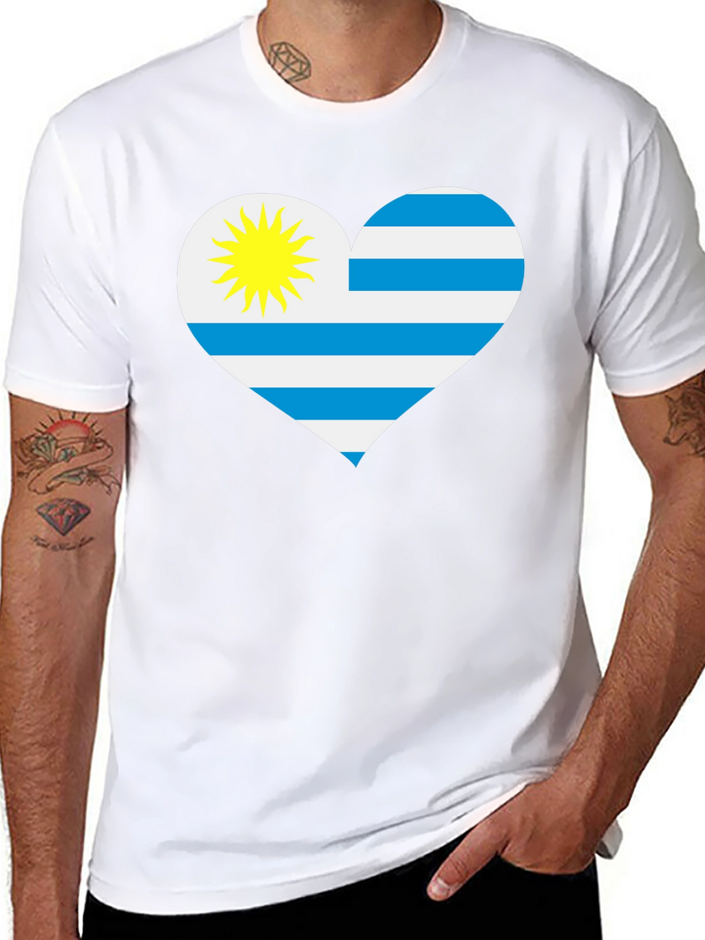 Uruguay Flag Heart T-Shirt - Black Cotton Tee