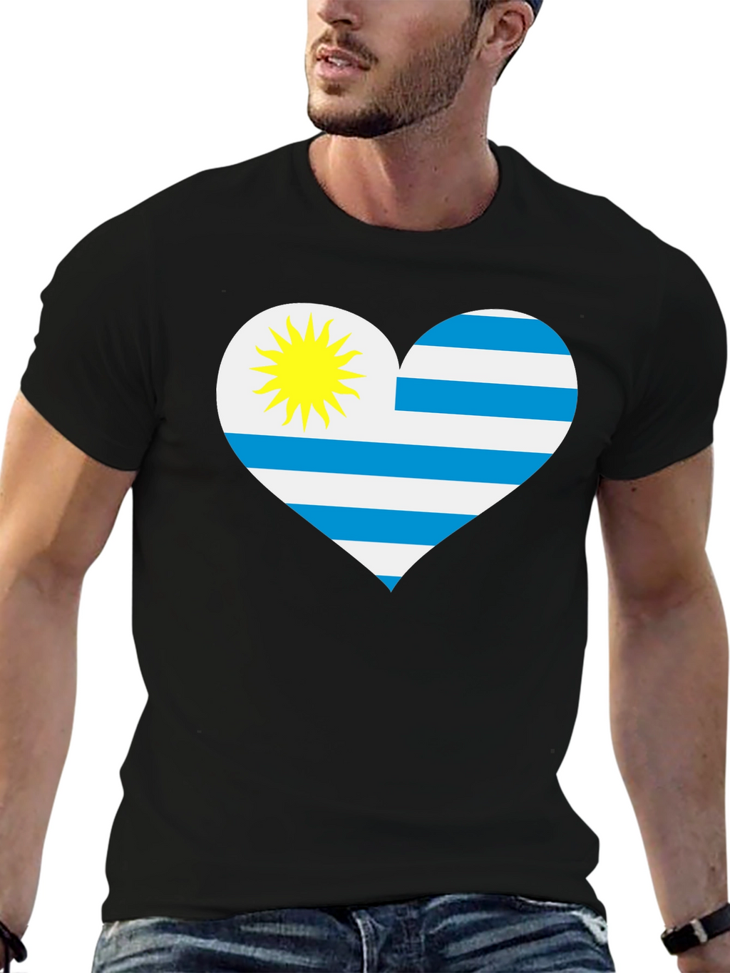 Uruguay Flag Heart T-Shirt - Black Cotton Tee