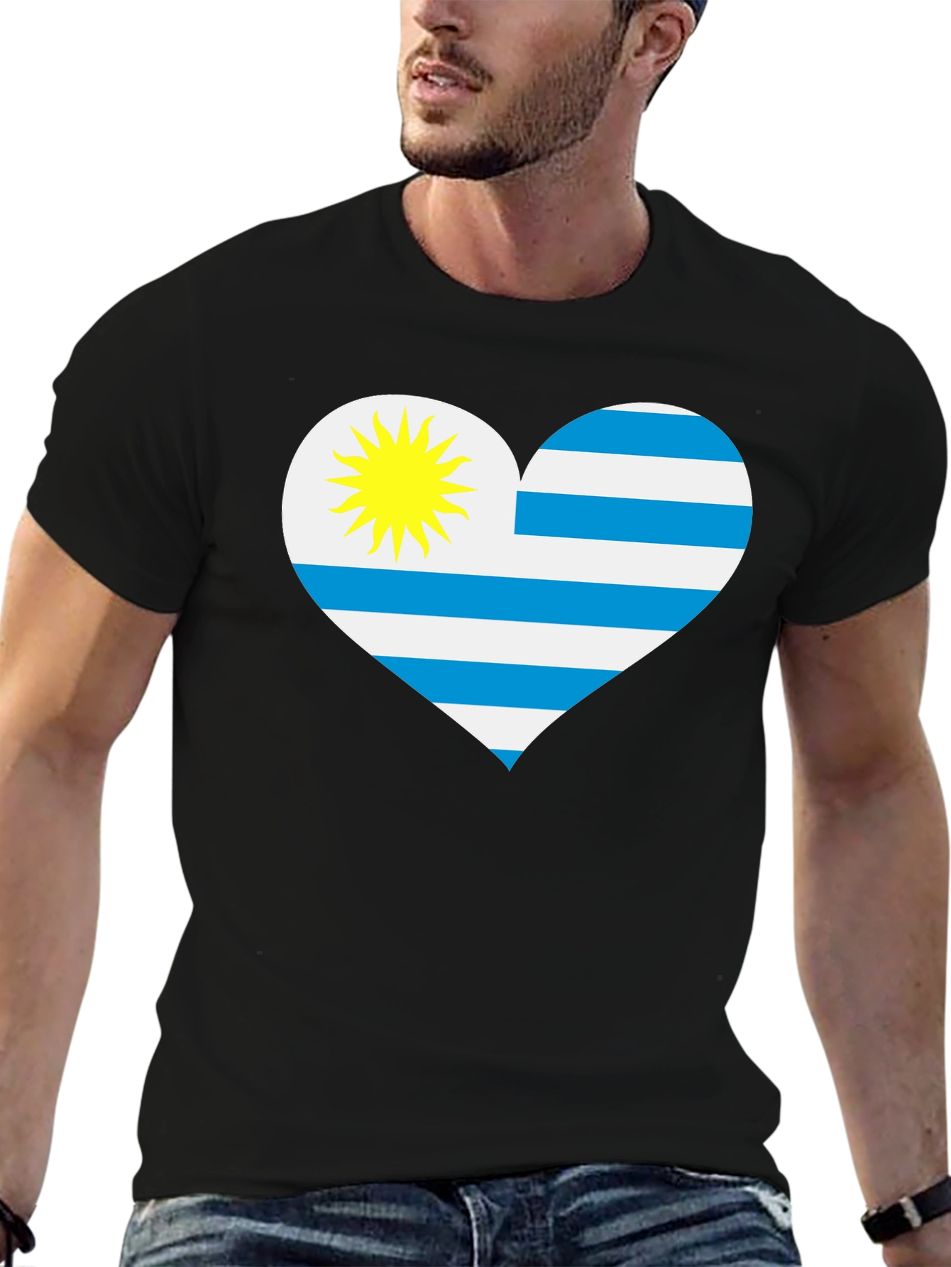 Uruguay Flag Heart T-Shirt - Black Cotton Tee