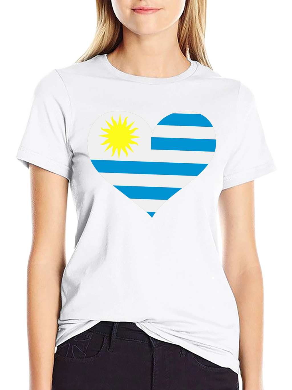 Uruguay Flag Heart T-Shirt - Black Cotton Tee