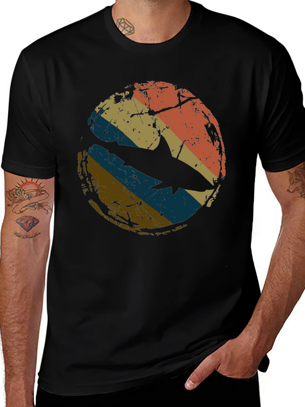 Retro Shark Graphic Tee - Distressed Circle Design