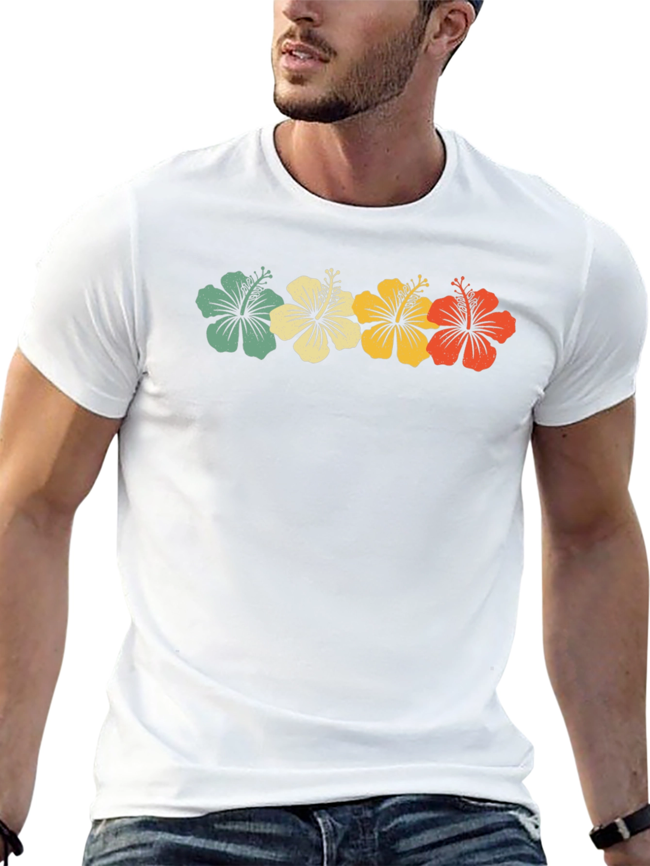 Retro Hibiscus Flower Graphic Tee - Black