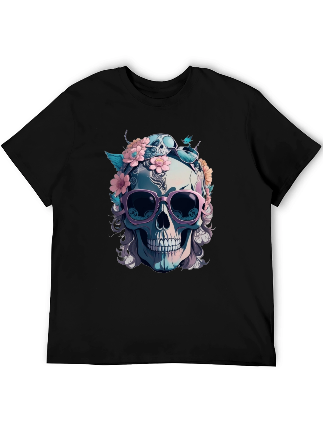 Skull & Flowers Graphic Tee - Mens Black Cotton T-Shirt