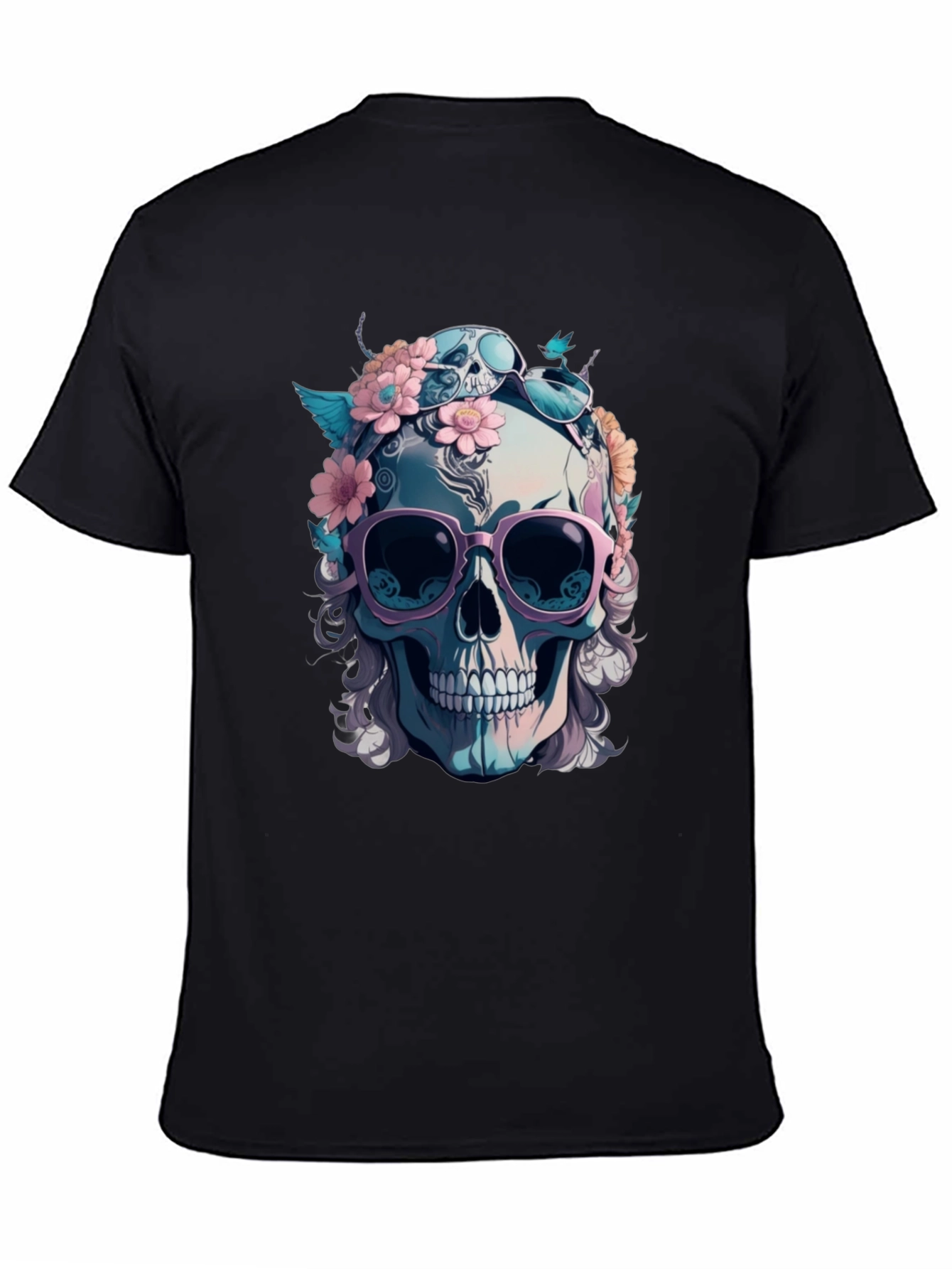 Skull & Flowers Graphic Tee - Mens Black Cotton T-Shirt