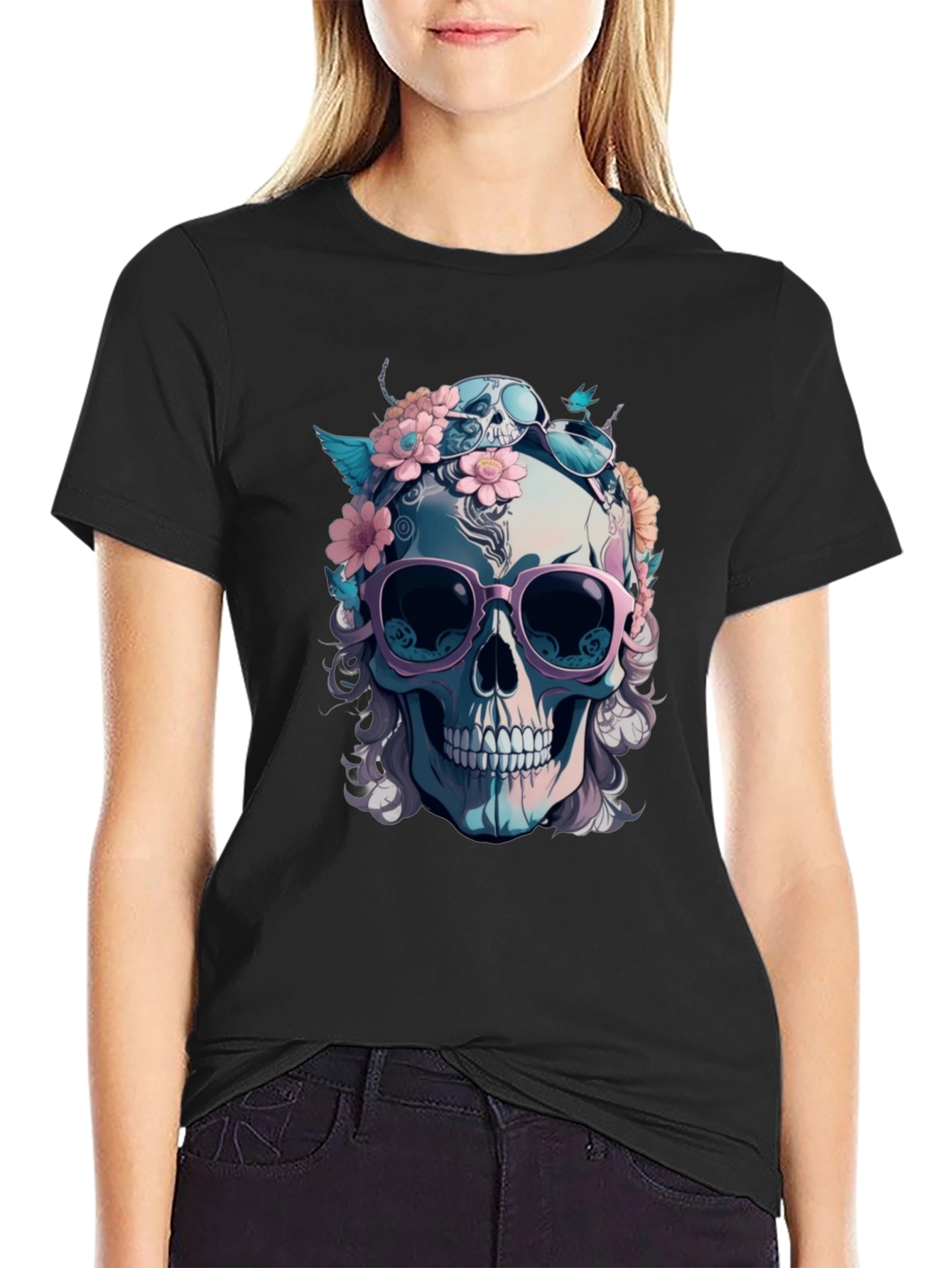 Skull & Flowers Graphic Tee - Mens Black Cotton T-Shirt