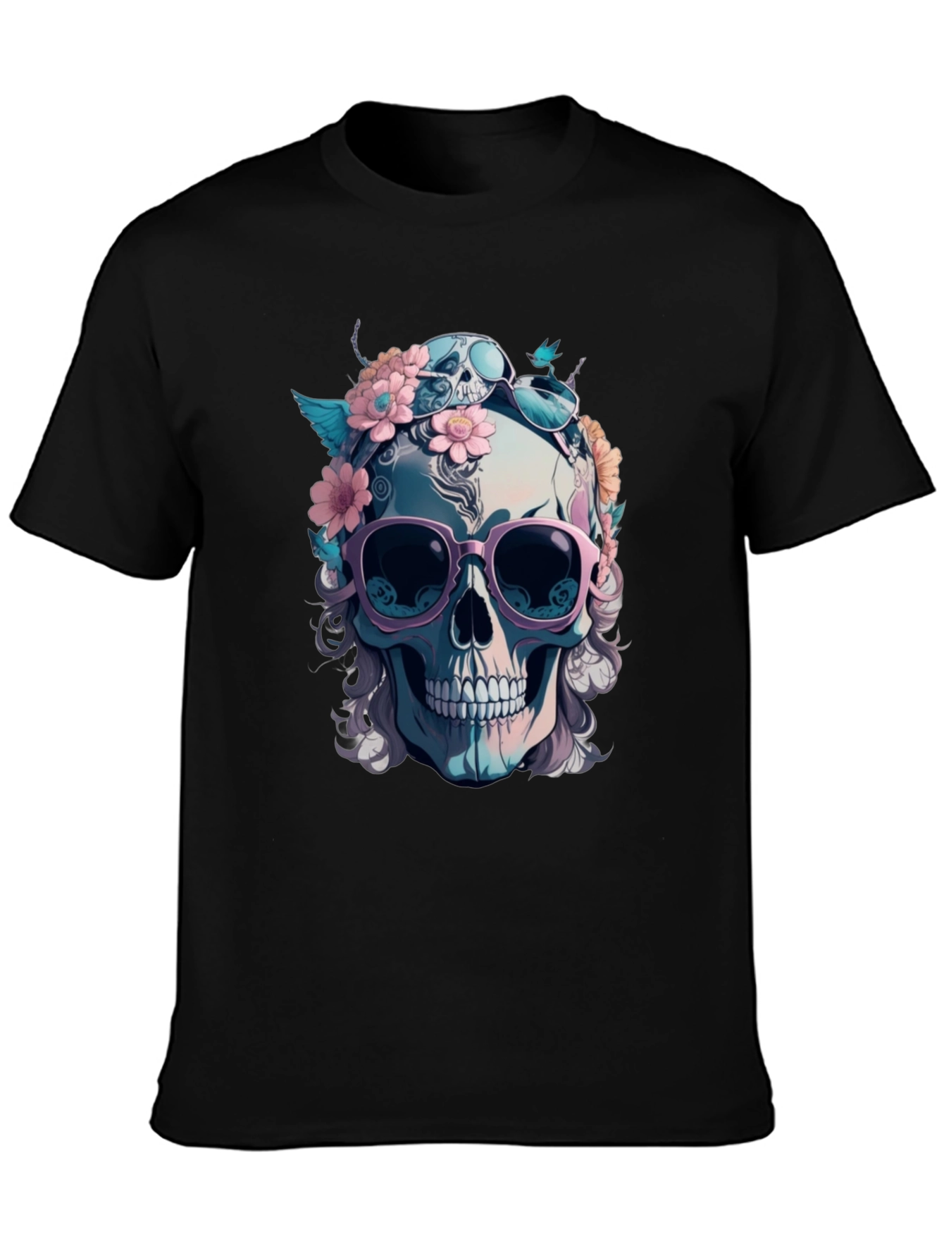 Skull & Flowers Graphic Tee - Mens Black Cotton T-Shirt