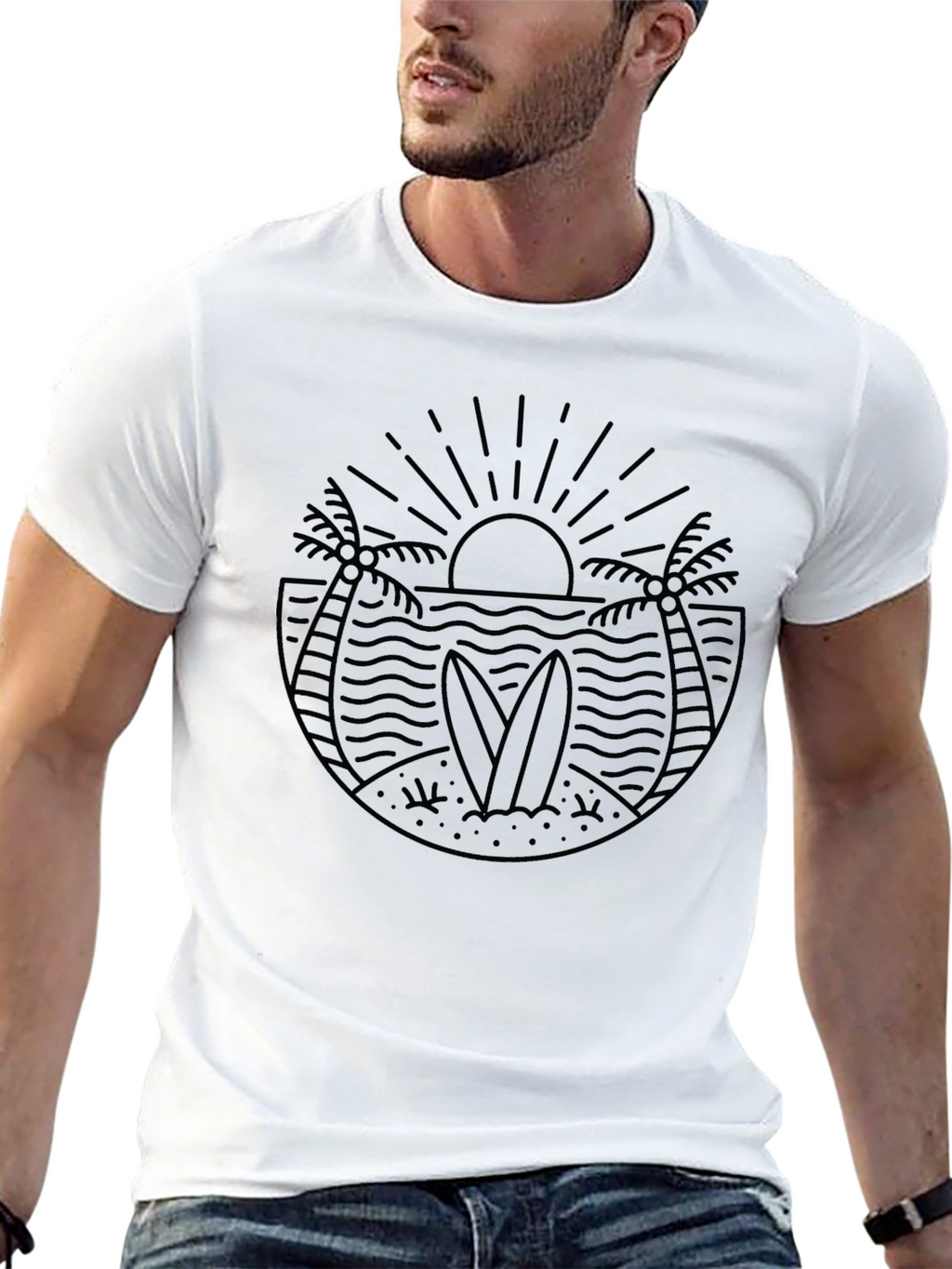 Mens Black Graphic Tee - Beach Surf Design